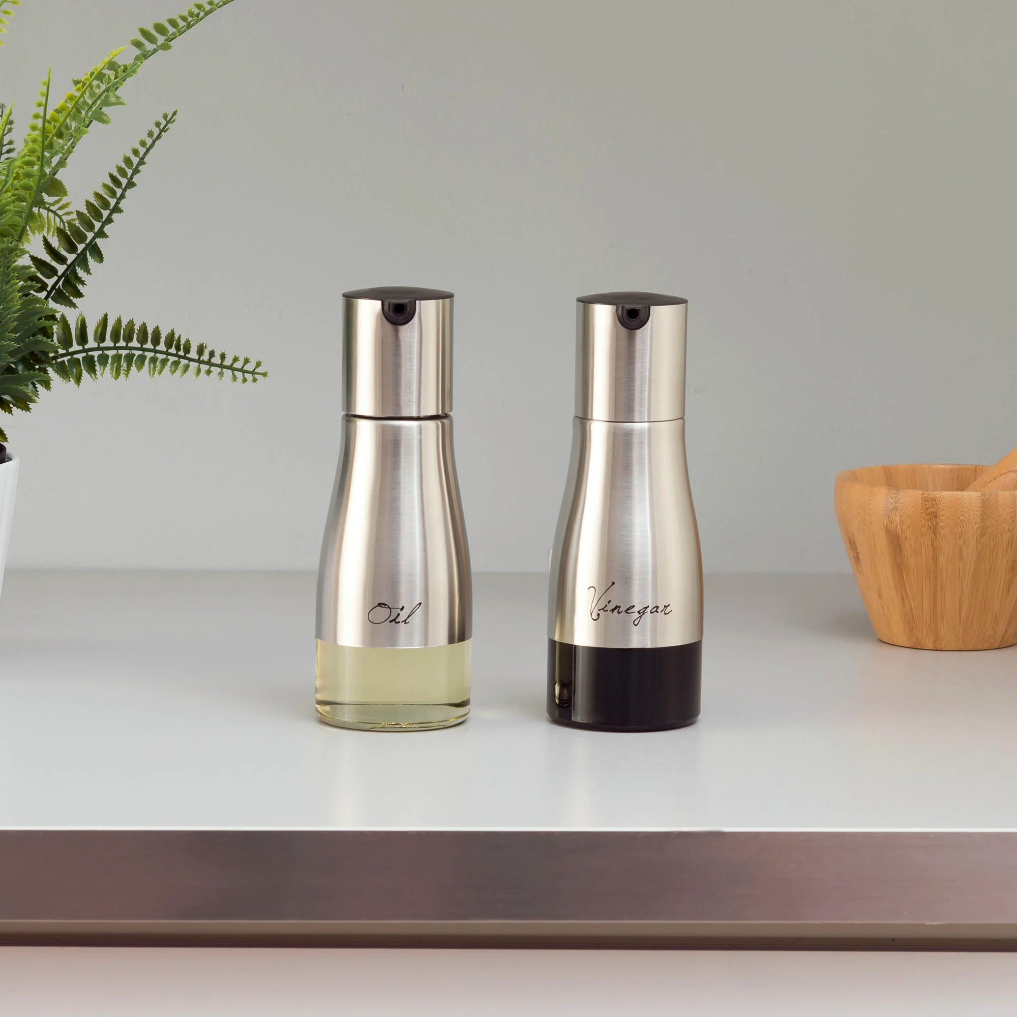 Home Basics 8.5 oz. Oil and Vinegar Set with See-Through Glass Base, Silver - Image 2