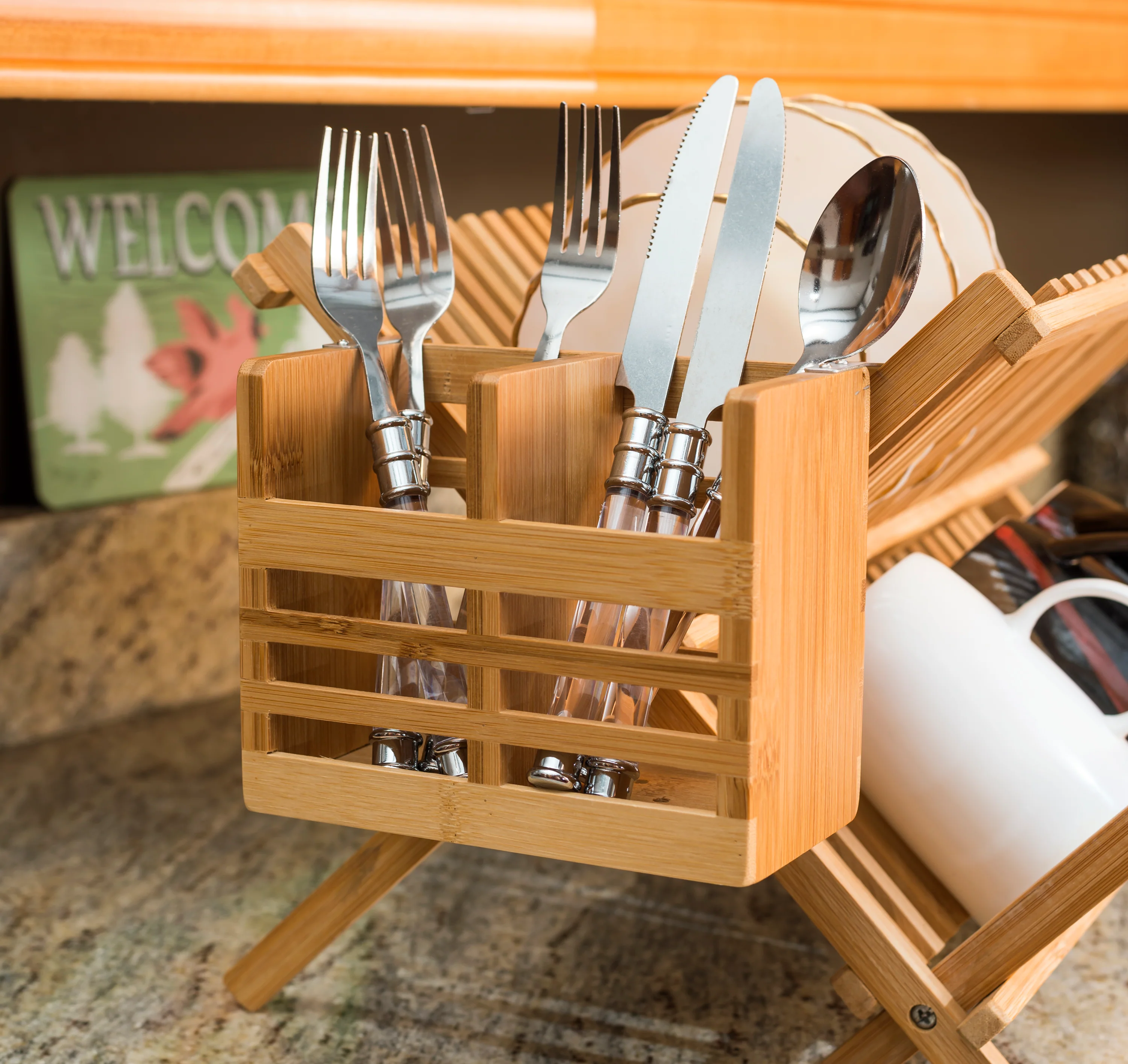 Home Basics Bamboo Utensil Holder and  Fast-Drying Rack with Built-in Hooks, Natural - Image 2