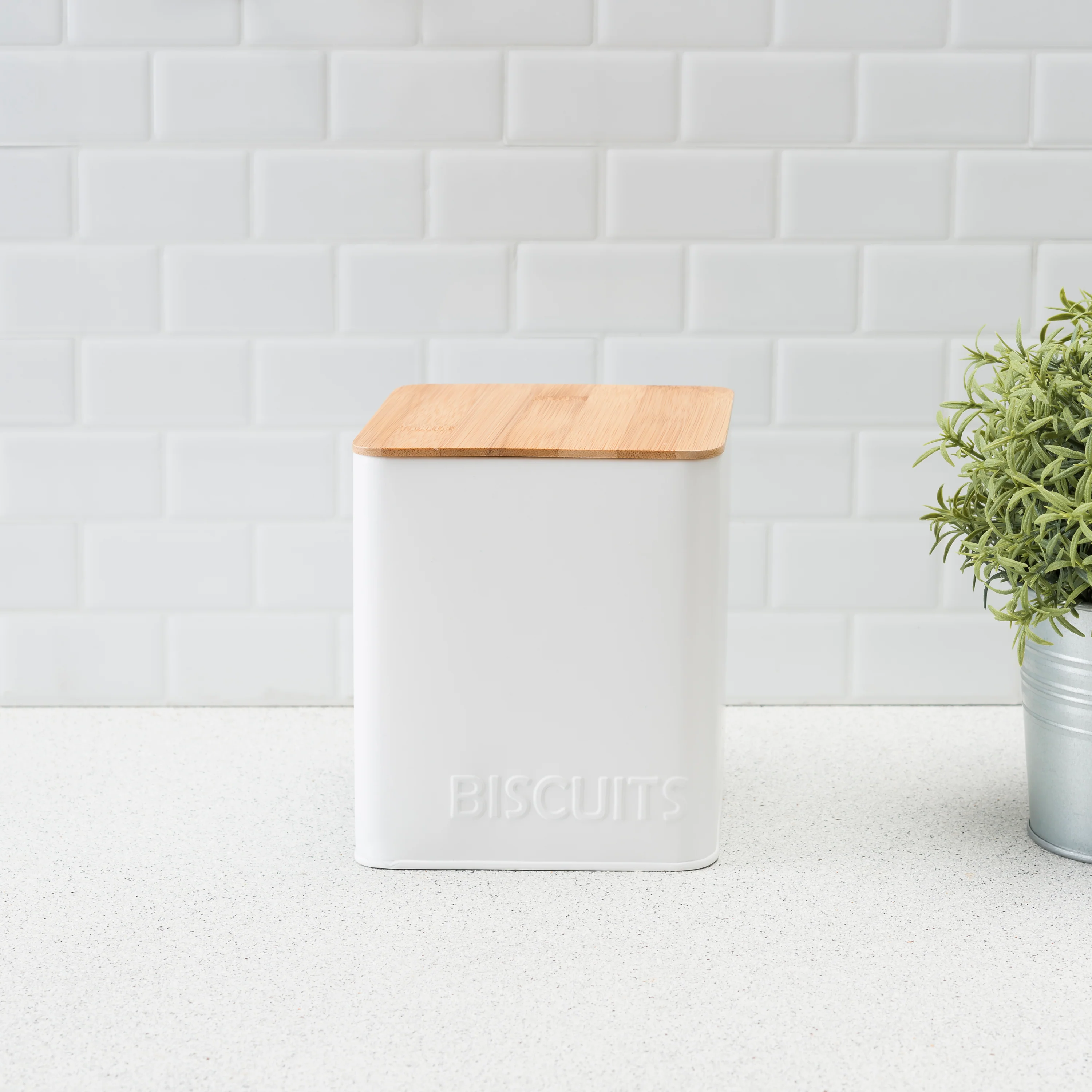 Home Basics Biscuits Tin Canister with Bamboo Top, White - Image 5
