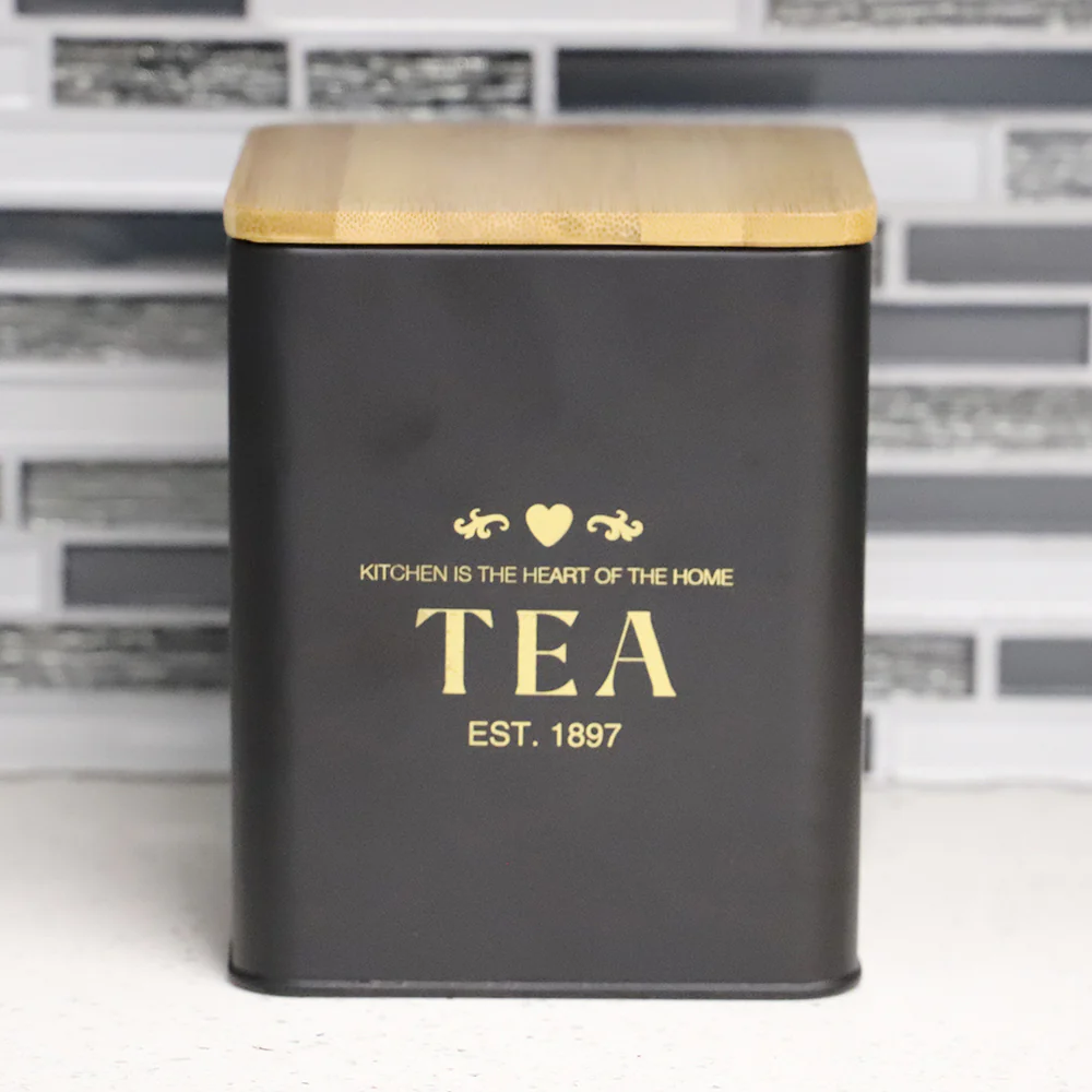 Home Basics Bistro 50 oz. Tin Tea Canister with Bamboo Lid, Black - Image 5