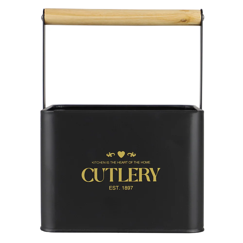 Home Basics Bistro Sectioned Tin Holder with Bamboo Handle, Black
