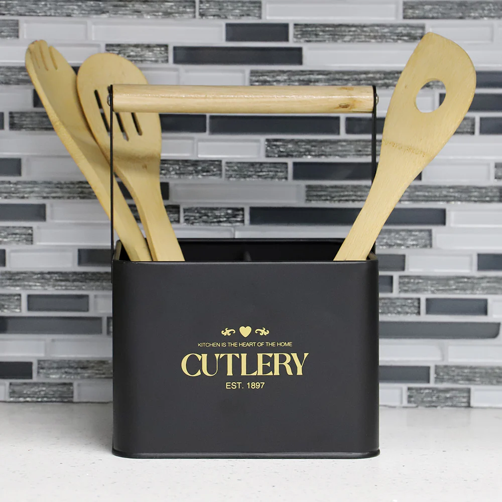 Home Basics Bistro Sectioned Tin Holder with Bamboo Handle, Black - Image 5