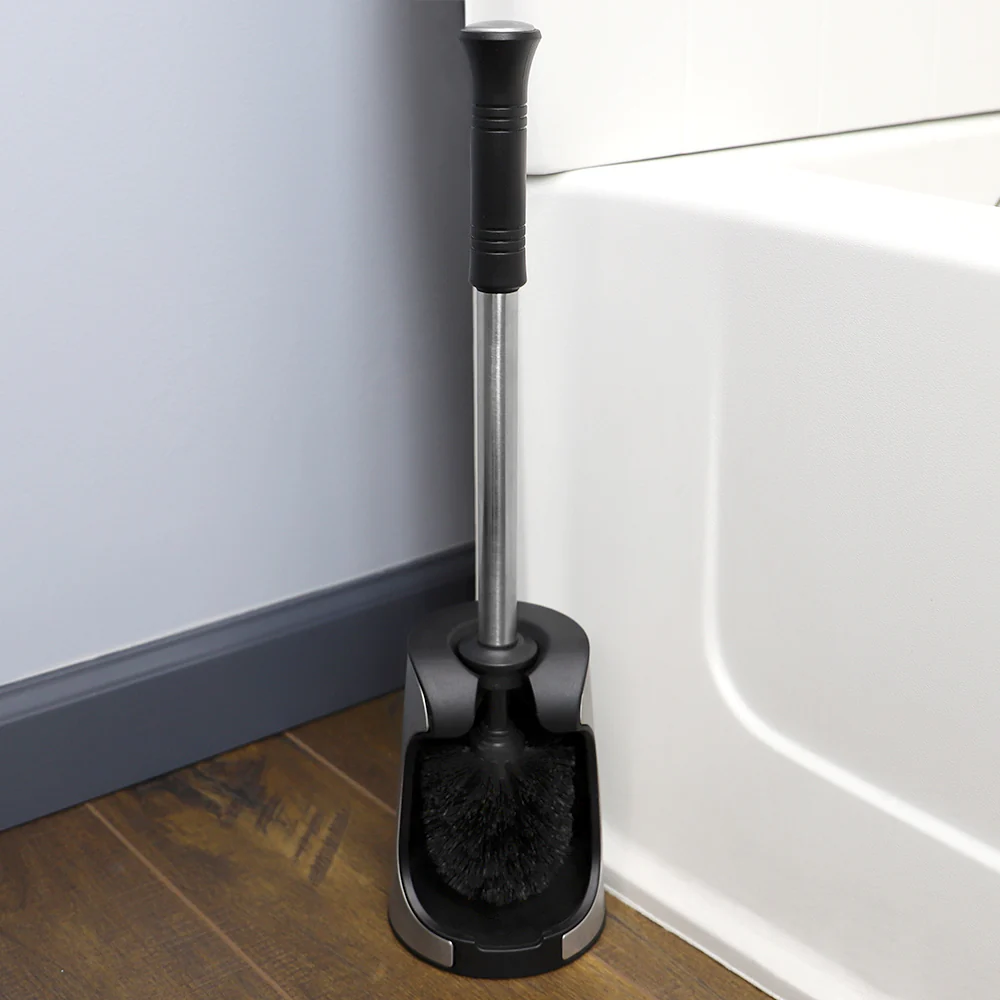 Home Basics Brushed Stainless Toilet Brush Holder with Comfort Grip Handle, Black - Image 4
