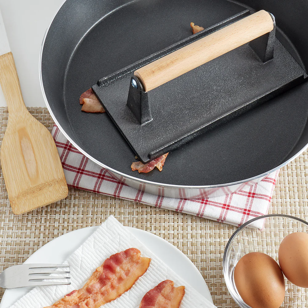 Home Basics Cast Iron Bacon Press with Wood Handle, Black - Image 4