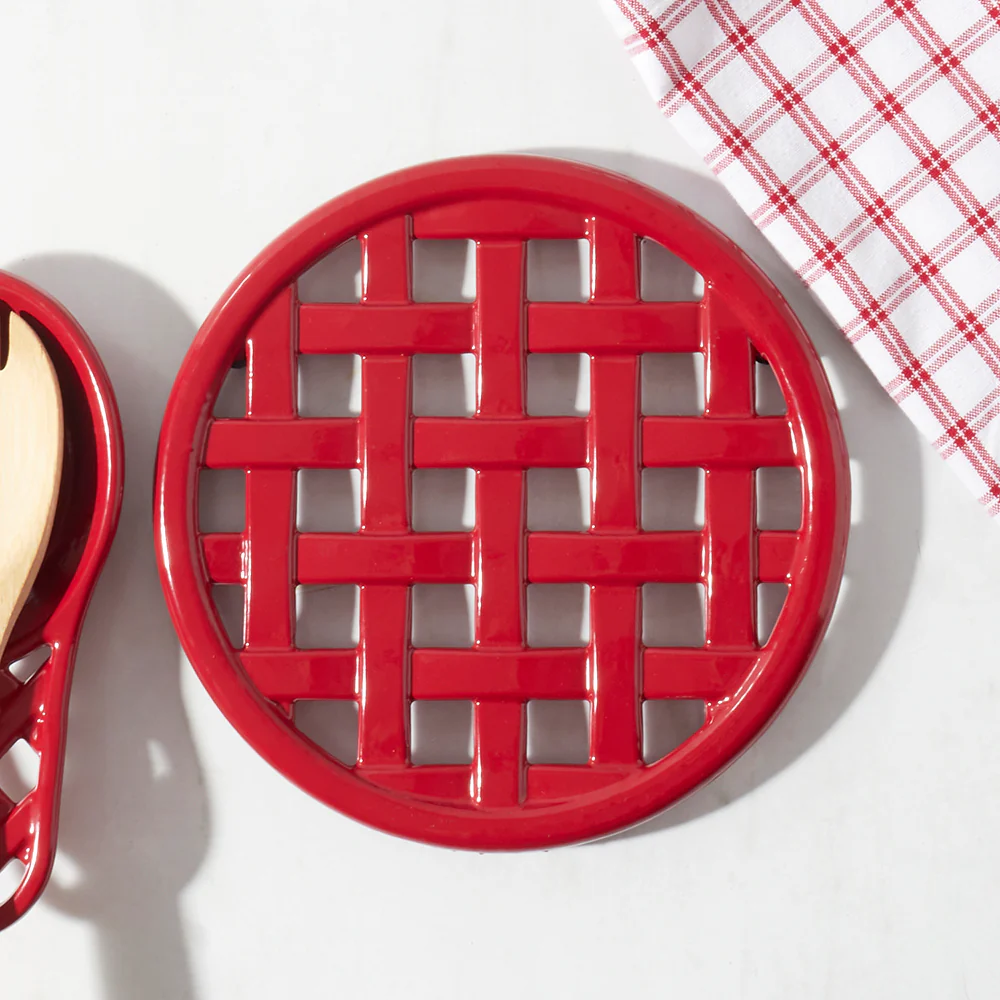 Home Basics Cast Iron Basket Weave Design Trivet, Red, 8x8x.5 Inches - Image 4