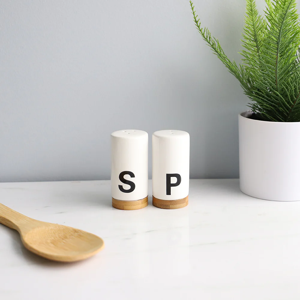 Home Basics Ceramic Salt and Pepper Shaker Set with Bamboo Accents, White - Image 4