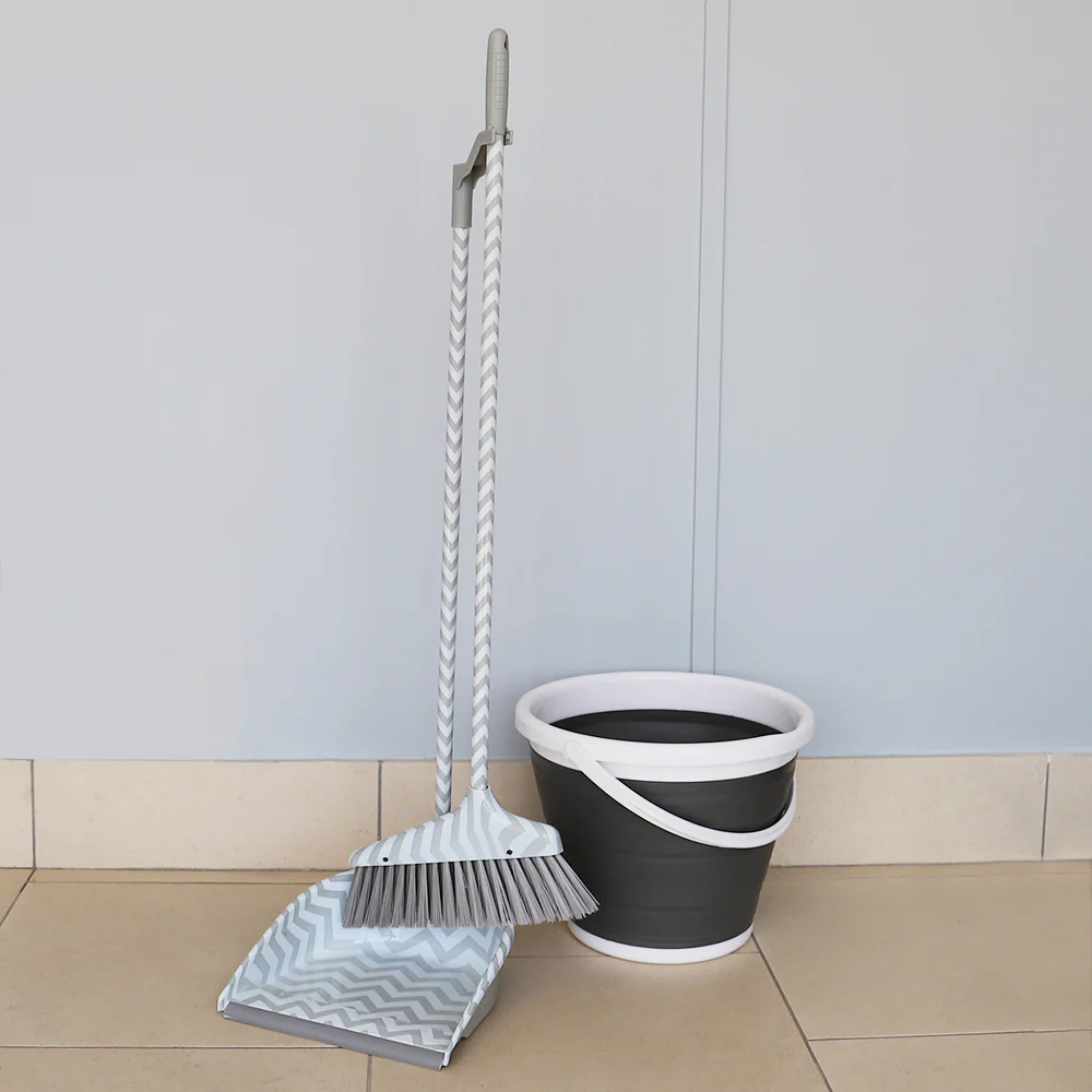 Home Basics Chevron Upright Angled Broom and Plastic Dust Pan Set with Comfort Grip Handle, Grey - Image 4