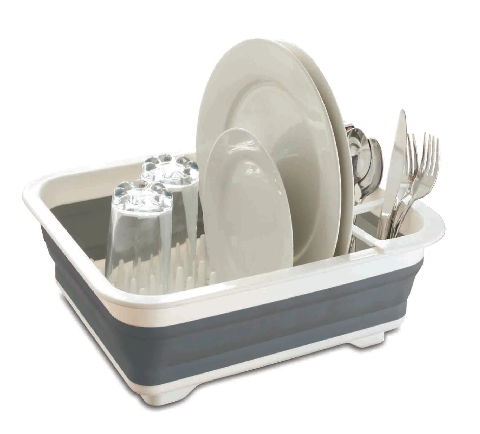 Home Basics Collapsible Silicone and Plastic Dish Rack, White/Grey - Image 4