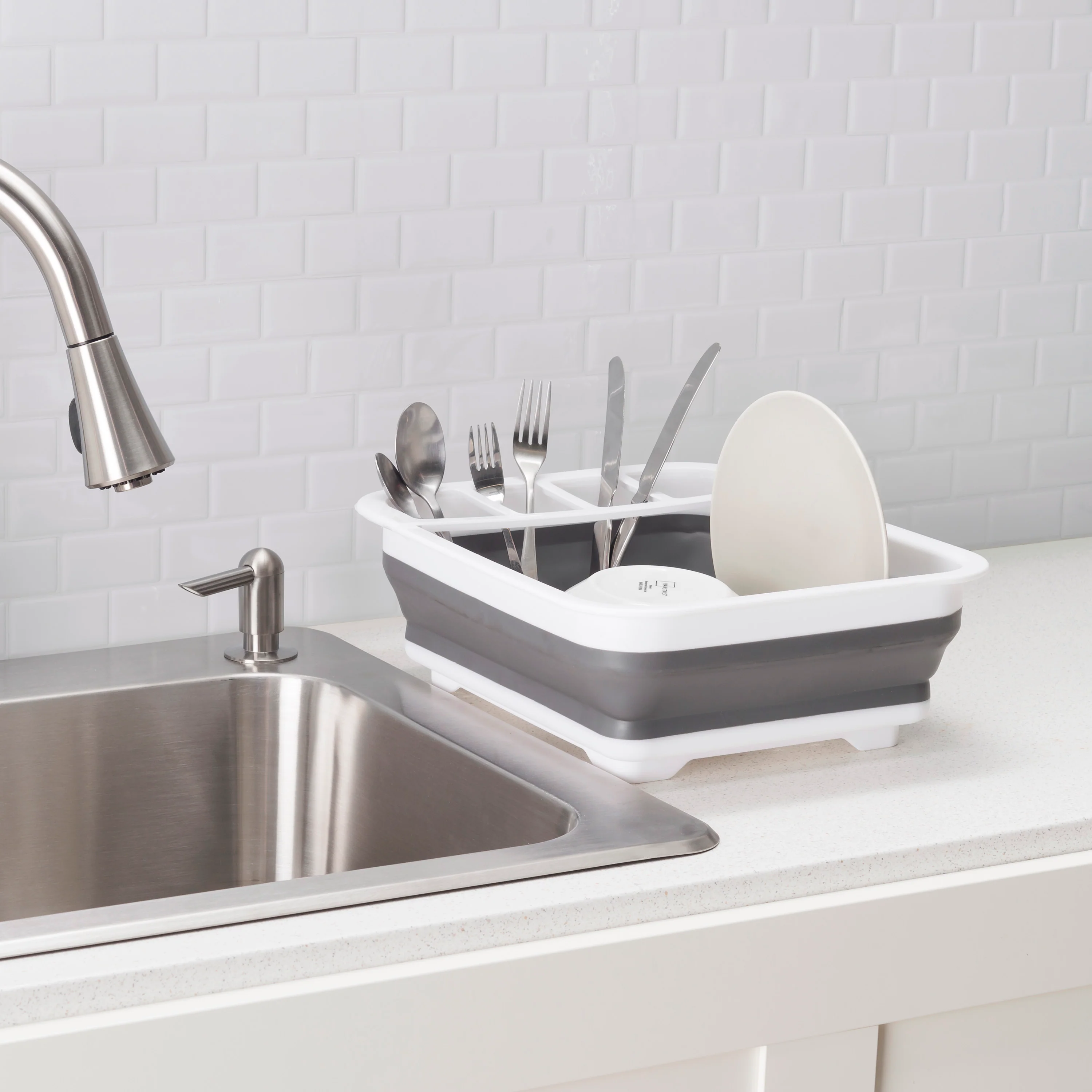Home Basics Collapsible Silicone and Plastic Dish Rack, White/Grey - Image 9