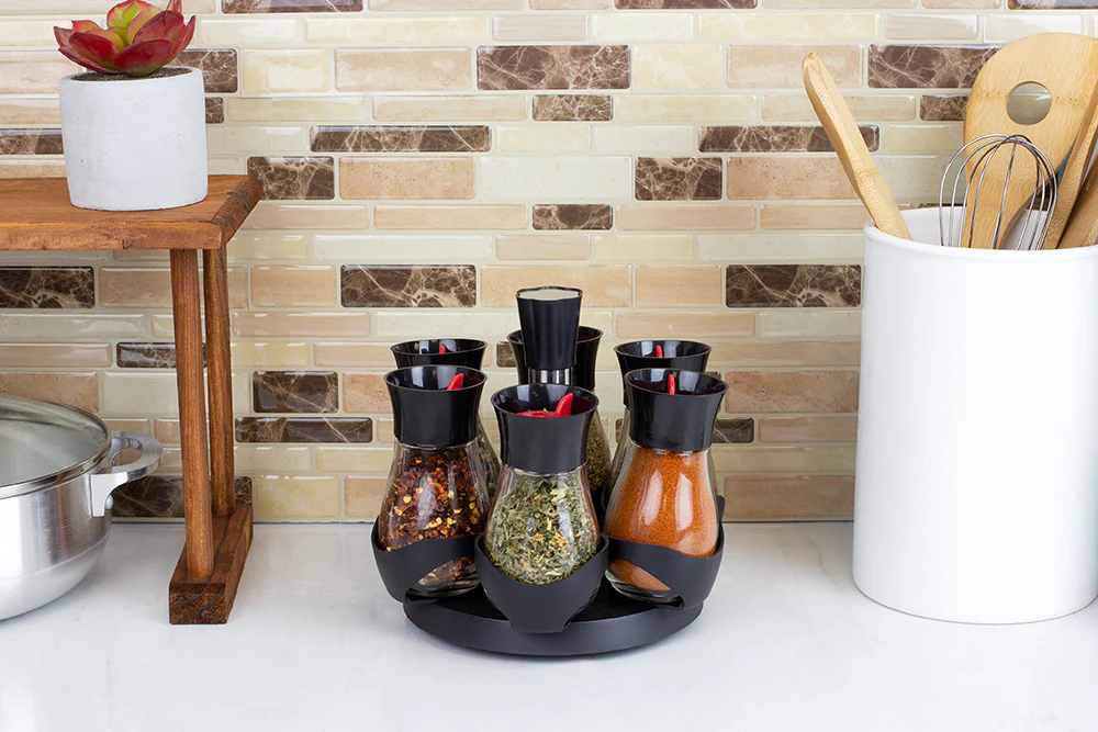 Home Basics Contemporary Gourmet Revolving 6-Jar Spice Rack, Black - Image 4