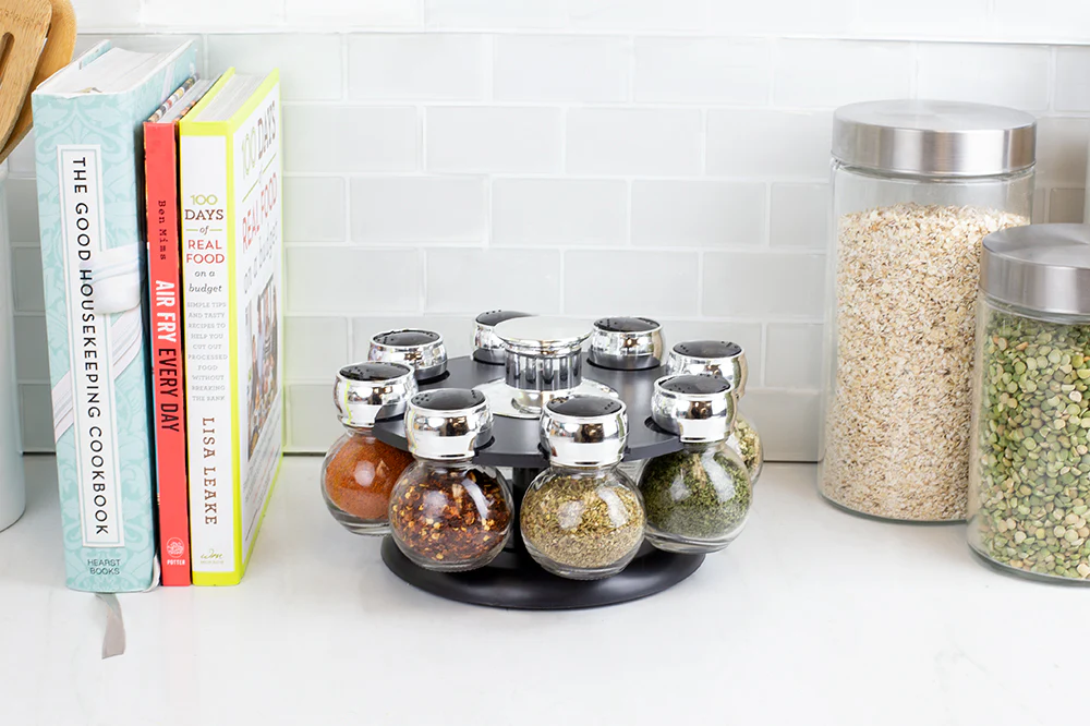 Home Basics Contemporary Low Profile Revolving 8-Jar Spice Rack Set, Black - Image 4