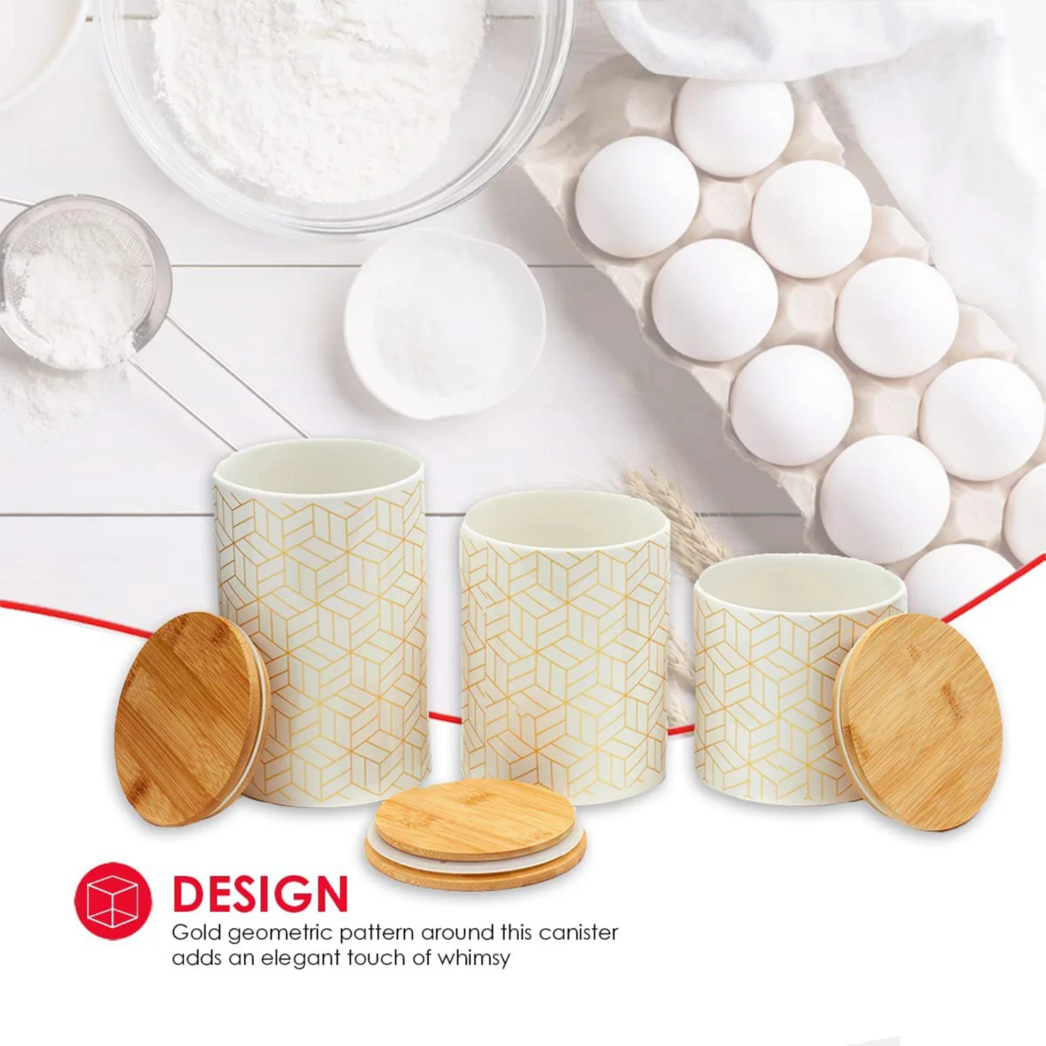 Home Basics Cubix 3 Piece Ceramic Canister Set with Bamboo Top, White - Image 3