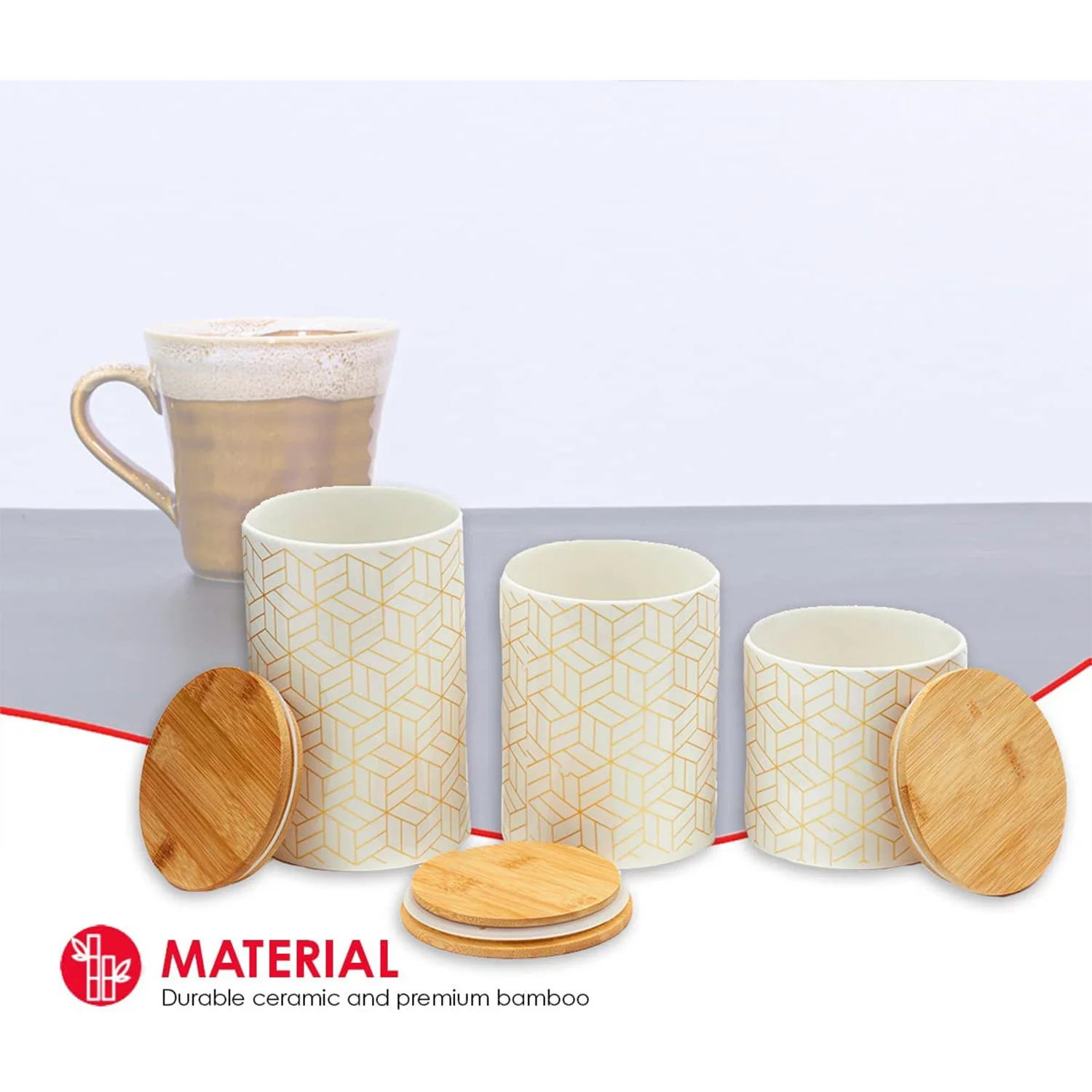 Home Basics Cubix 3 Piece Ceramic Canister Set with Bamboo Top, White - Image 5