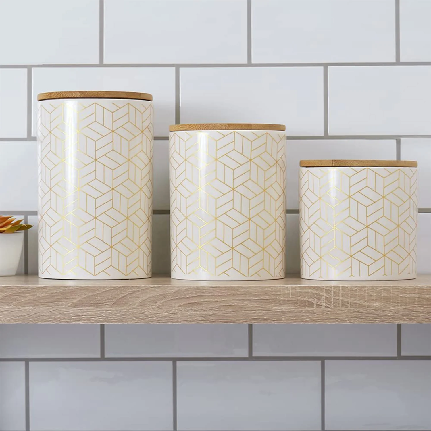 Home Basics Cubix 3 Piece Ceramic Canister Set with Bamboo Top, White - Image 6