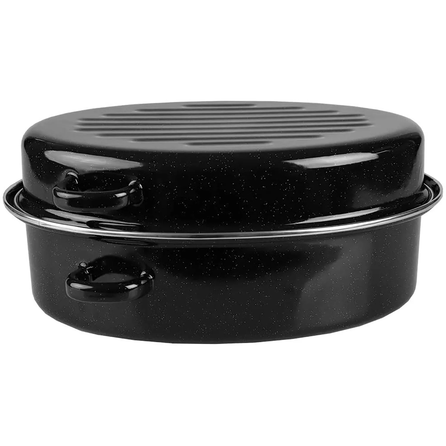 Home Basics Deep Oval Non-Stick Enameled Carbon Steel Roaster Pan with Lid, Black, 14 Inches