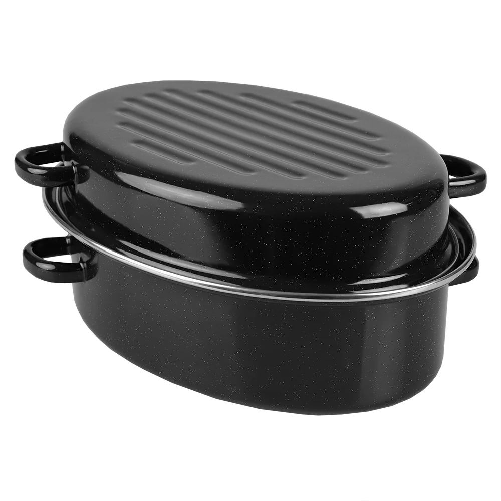 Home Basics Deep Oval Non-Stick Enameled Carbon Steel Roaster Pan with Lid, Black, 14 Inches - Image 2