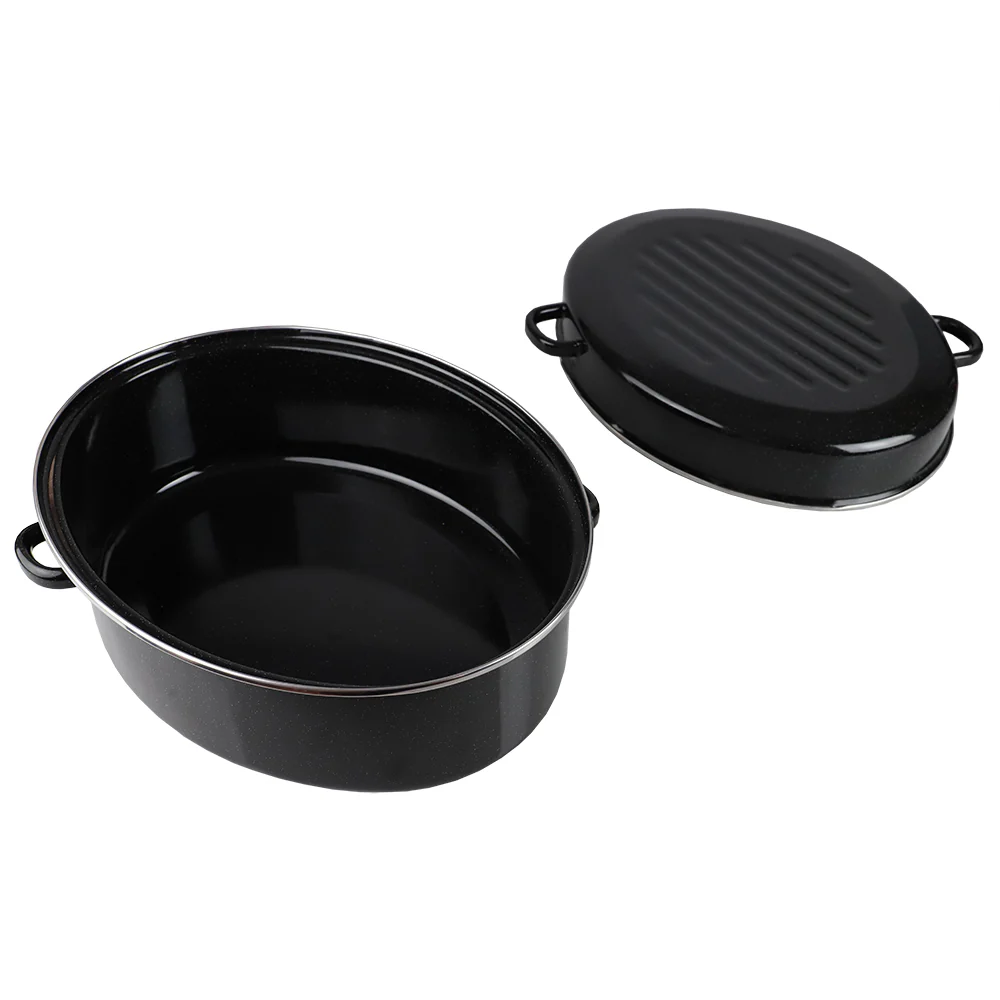 Home Basics Deep Oval Non-Stick Enameled Carbon Steel Roaster Pan with Lid, Black, 16 Inches - Image 2