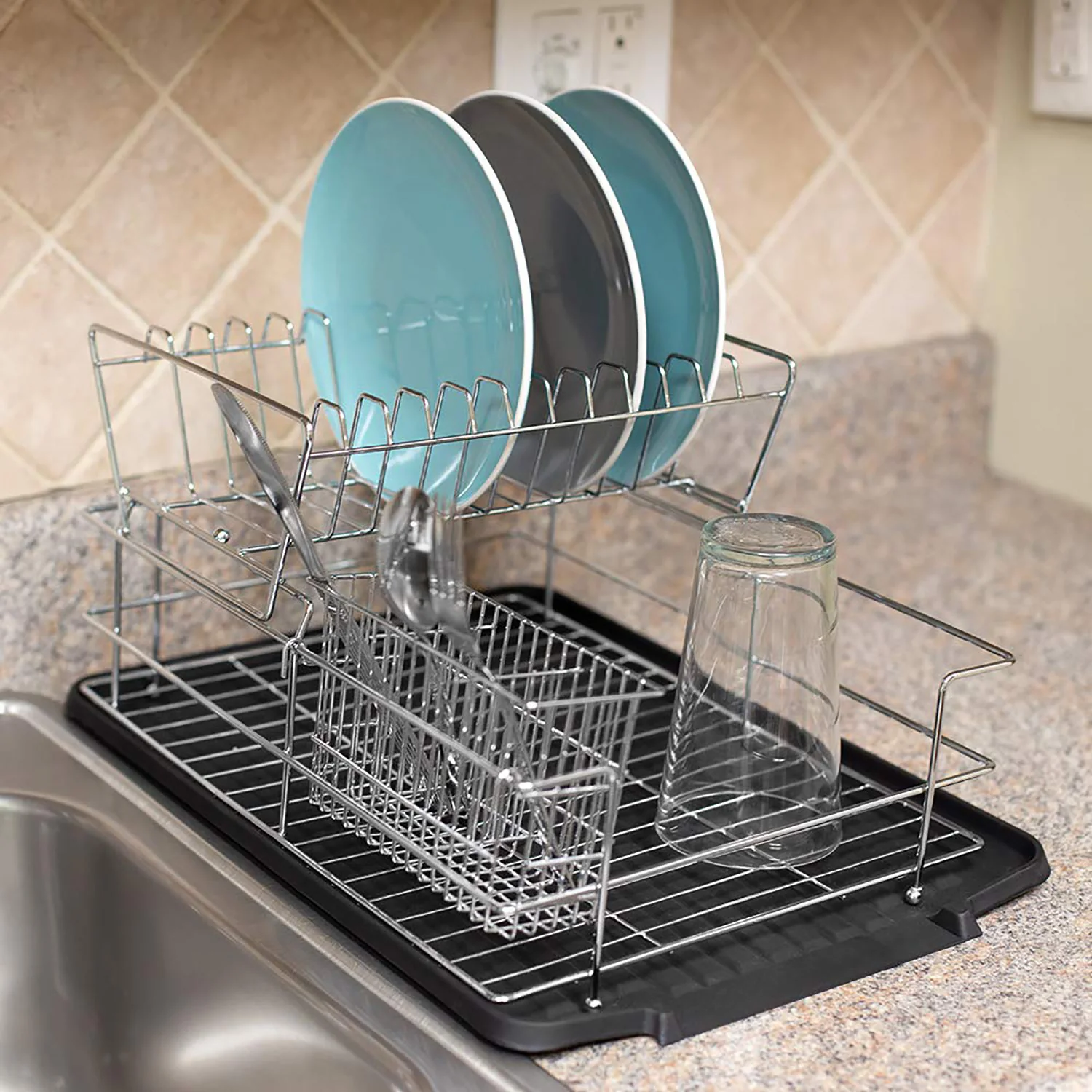 Home Basics Deluxe 2-Tier Dish Draining Rack with Plastic Tray, Black, 12x17x8 Inches - Image 5