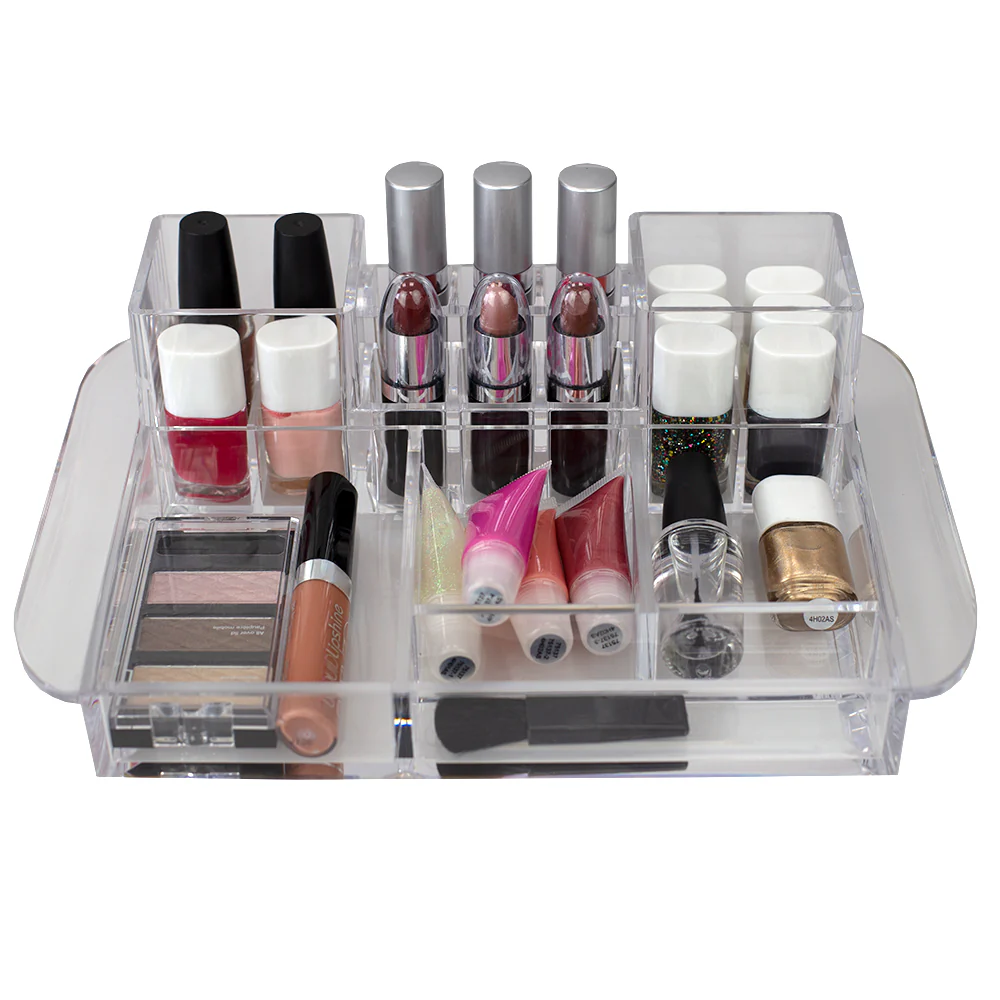 Home Basics Deluxe Large Capacity 16 Compartment Transparent Plastic Cosmetic Makeup and Jewelry Storage Organizer with Easy Grip Handles, Clear - Image 2