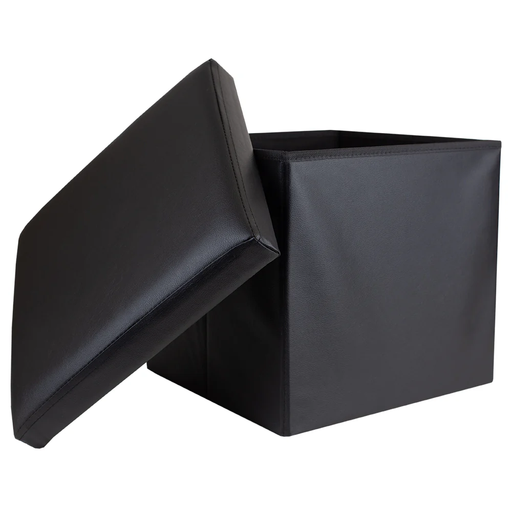 Home Basics Faux Leather Storage Ottoman, Black - Image 2