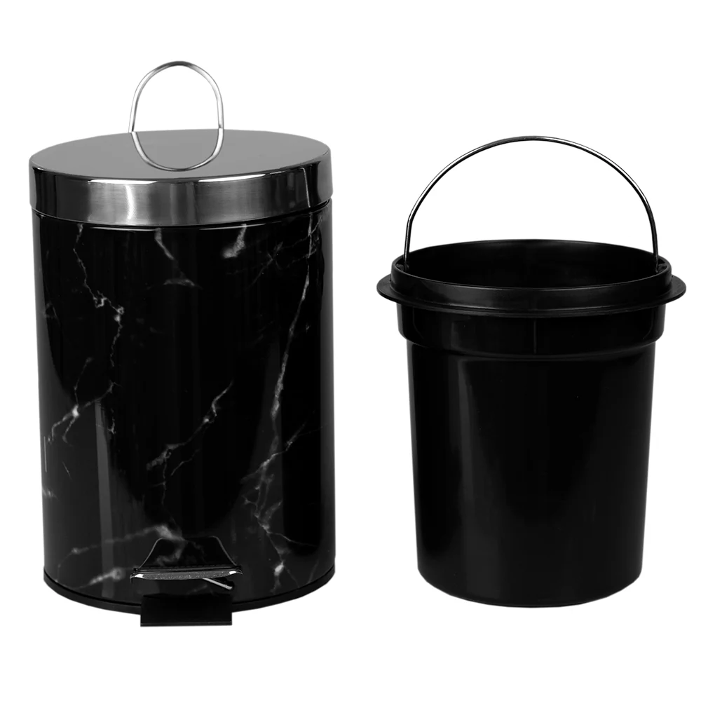 Home Basics Faux Marble 3 Liter Step Waste Bin with Built-in Metal Handle, Black - Image 2