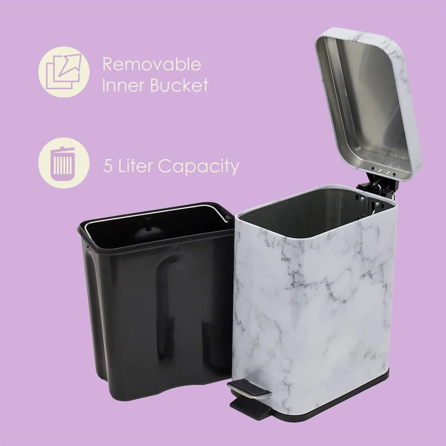 Home Basics Faux Marble 5 Liter Rectangle Step Waste Bin, White Marble - Image 4