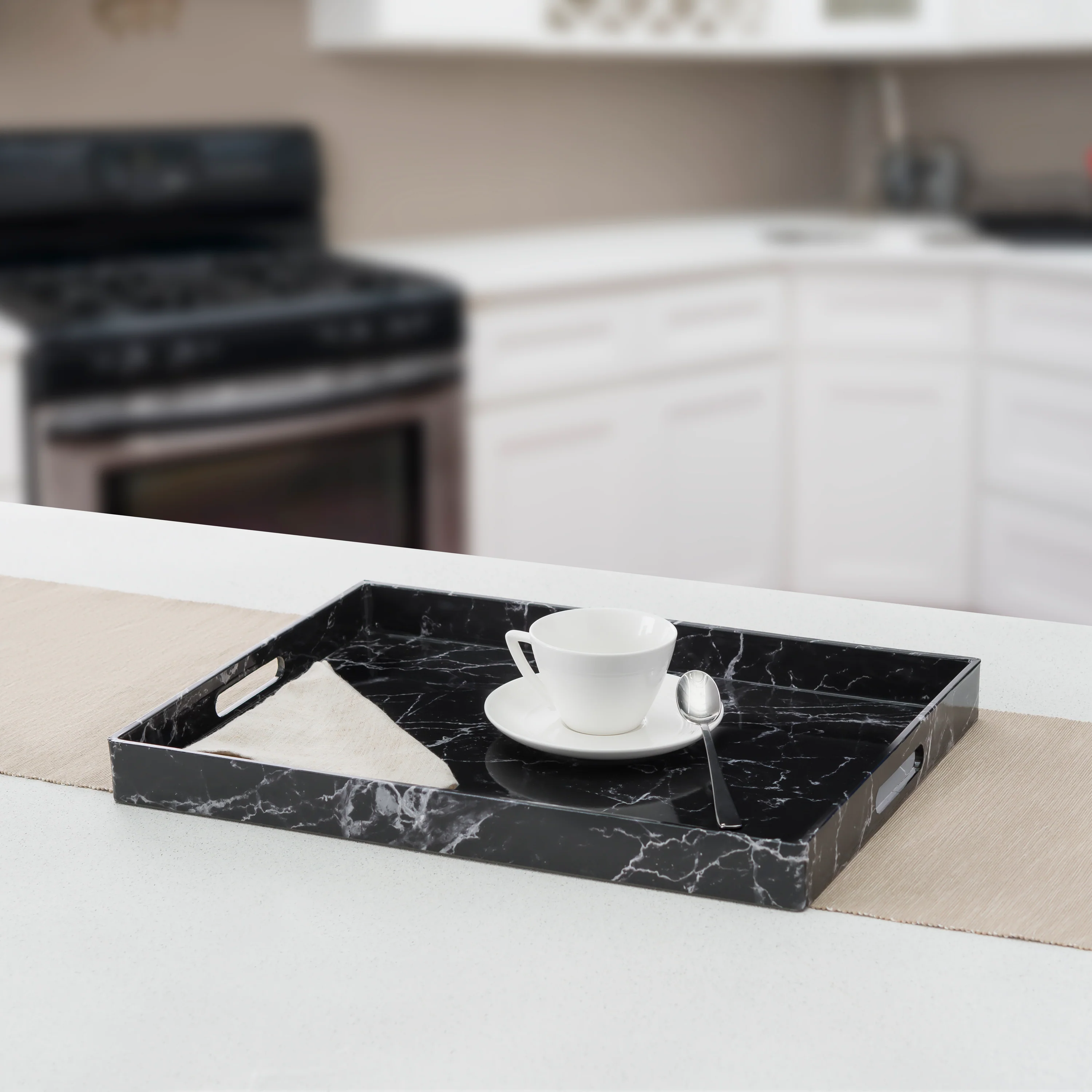 Home Basics Faux Marble Serving Tray, Black, 19x14x1.5 Inches - Image 2