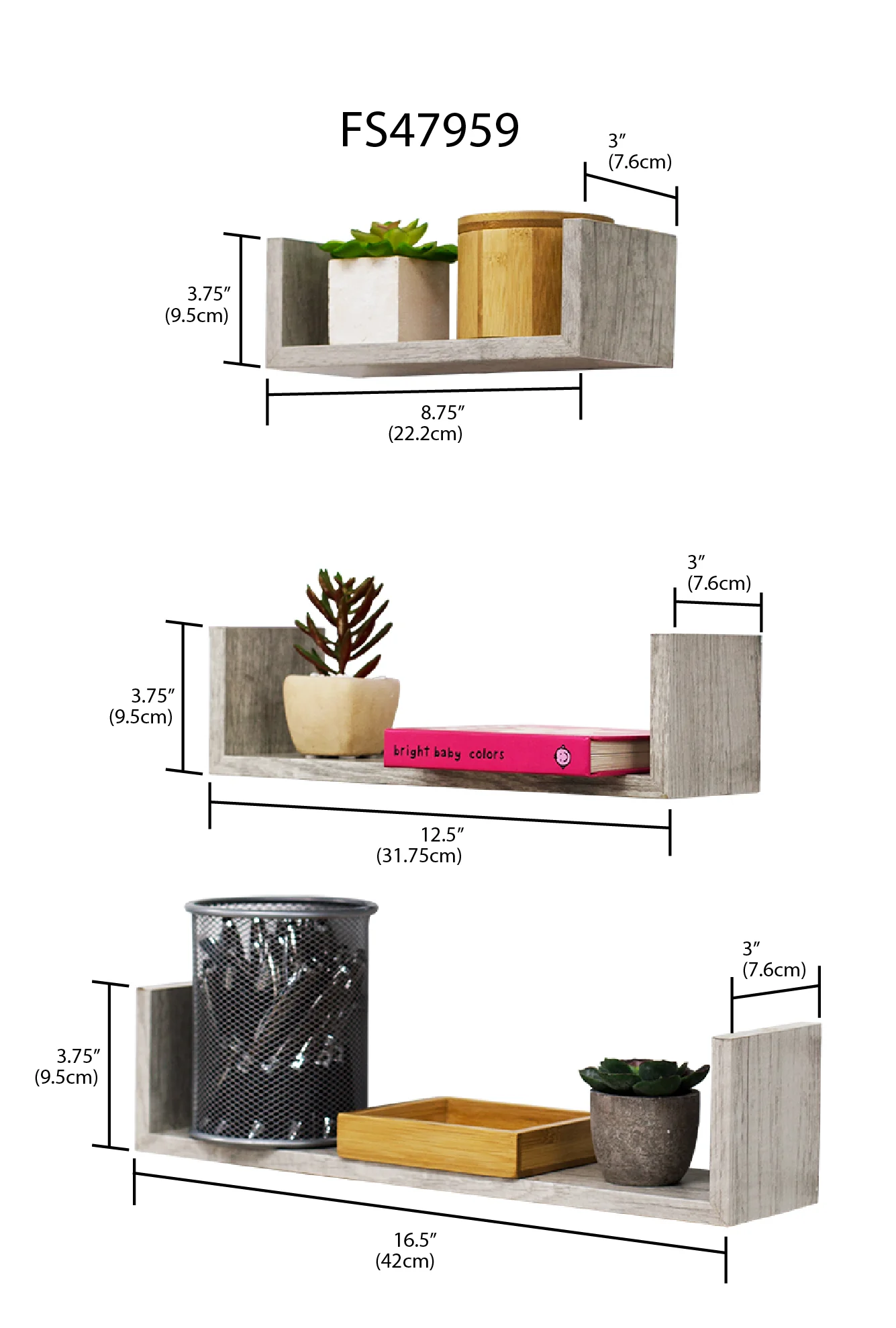 Home Basics Floating Wood Shelf, (Set of 3), Grey - Image 3