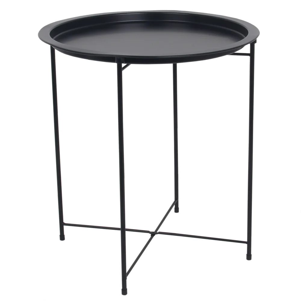 Home Basics Foldable Round Multi-Purpose Side Accent Metal Table, Matte Black