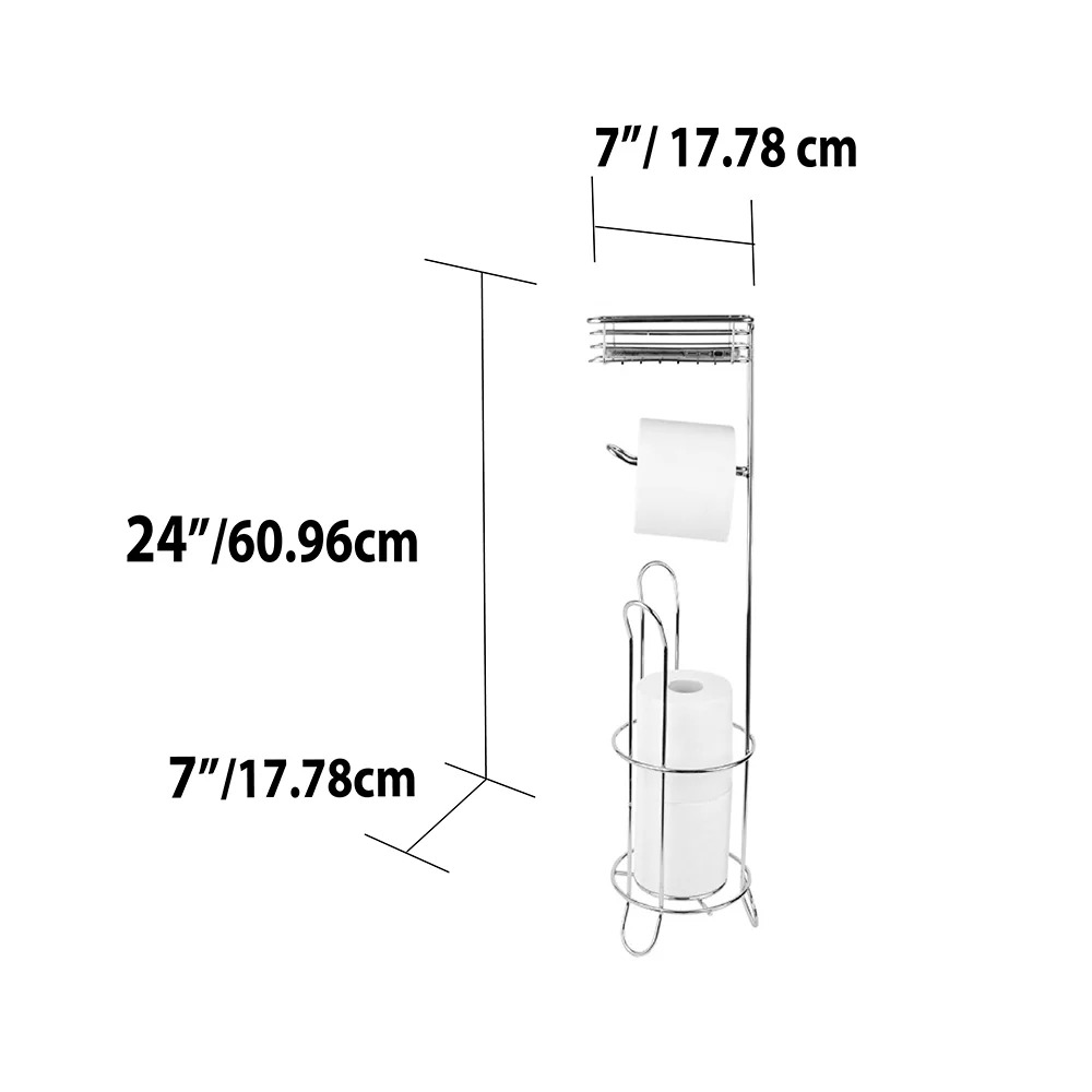 Home Basics Free Standing Dispensing Toilet Paper Holder with Built-in Accessory Tray, Silver - Image 6