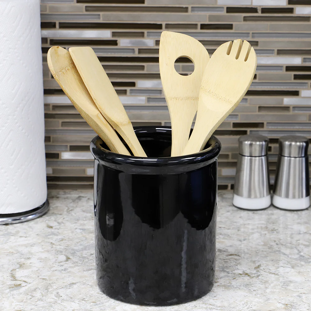 Home Basics Glazed Ceramic Utensil Crock, Black - Image 4