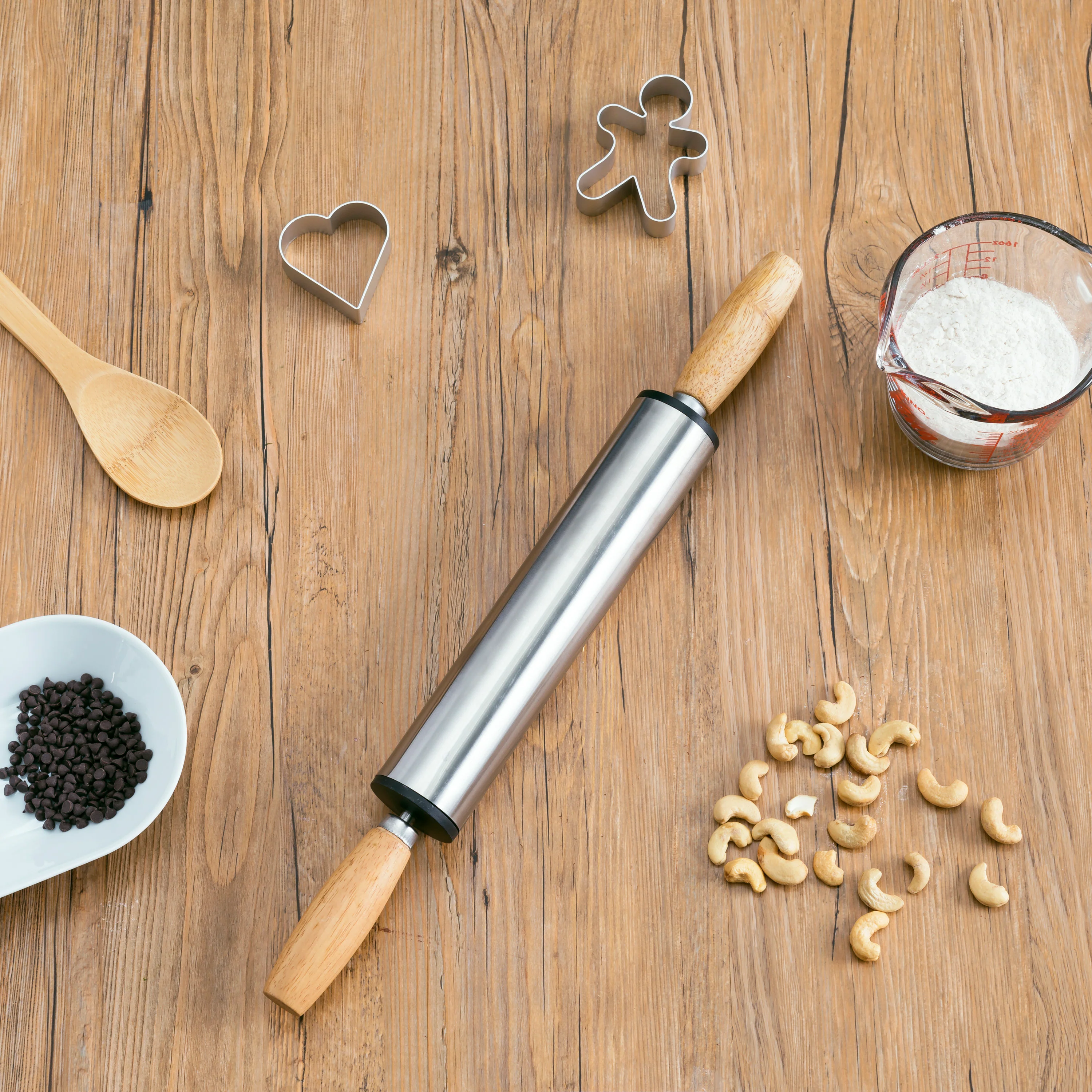 Home Basics Heavy Weight Stainless Steel Rolling Pin with Contour Handles, Natural - Image 4