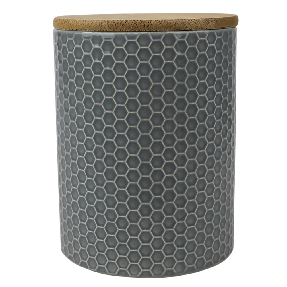 Home Basics Honeycomb Ceramic Canister With Bamboo Lid, Gray, Medium, 5x6.5 Inches