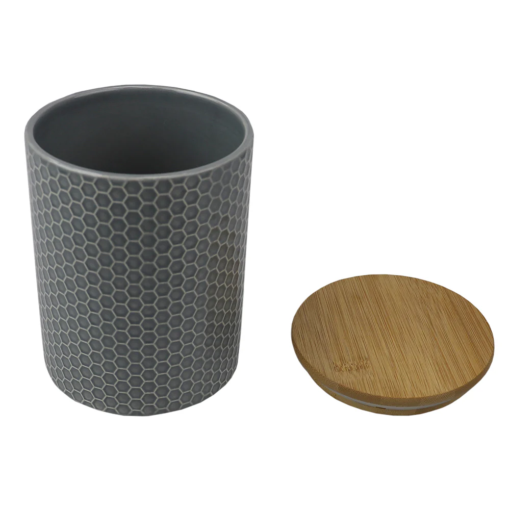 Home Basics Honeycomb Ceramic Canister With Bamboo Lid, Gray, Medium, 5x6.5 Inches - Image 2