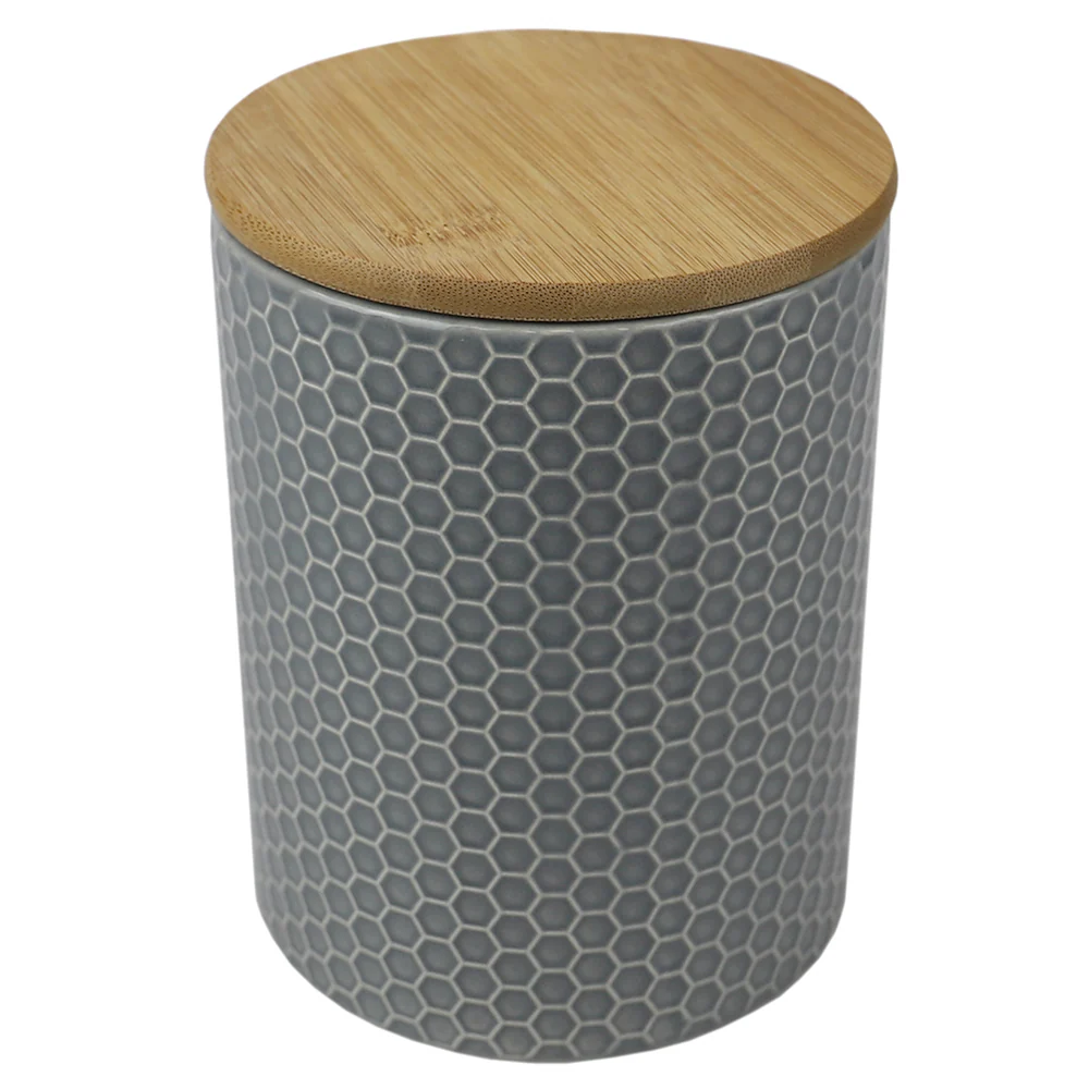Home Basics Honeycomb Ceramic Canister With Bamboo Lid, Gray, Medium, 5x6.5 Inches - Image 3