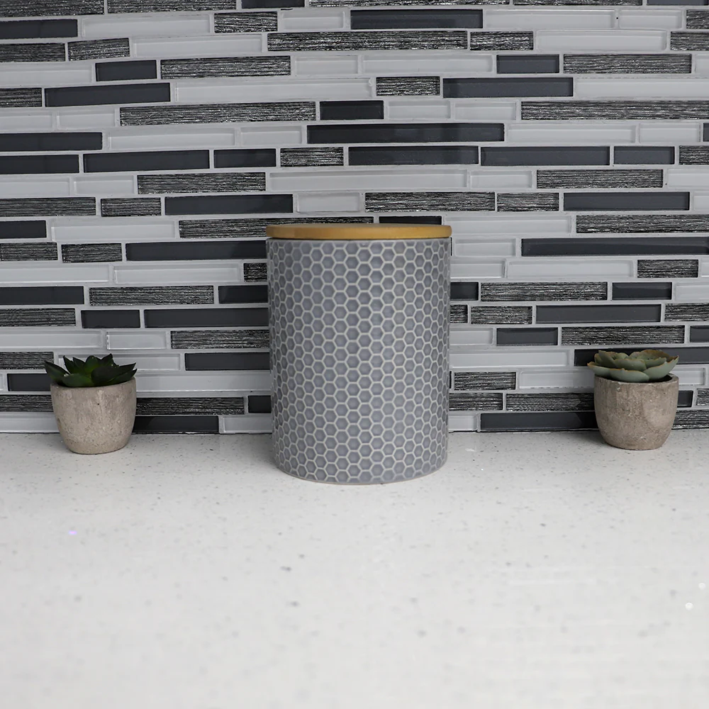 Home Basics Honeycomb Ceramic Canister With Bamboo Lid, Gray, Medium, 5x6.5 Inches - Image 4