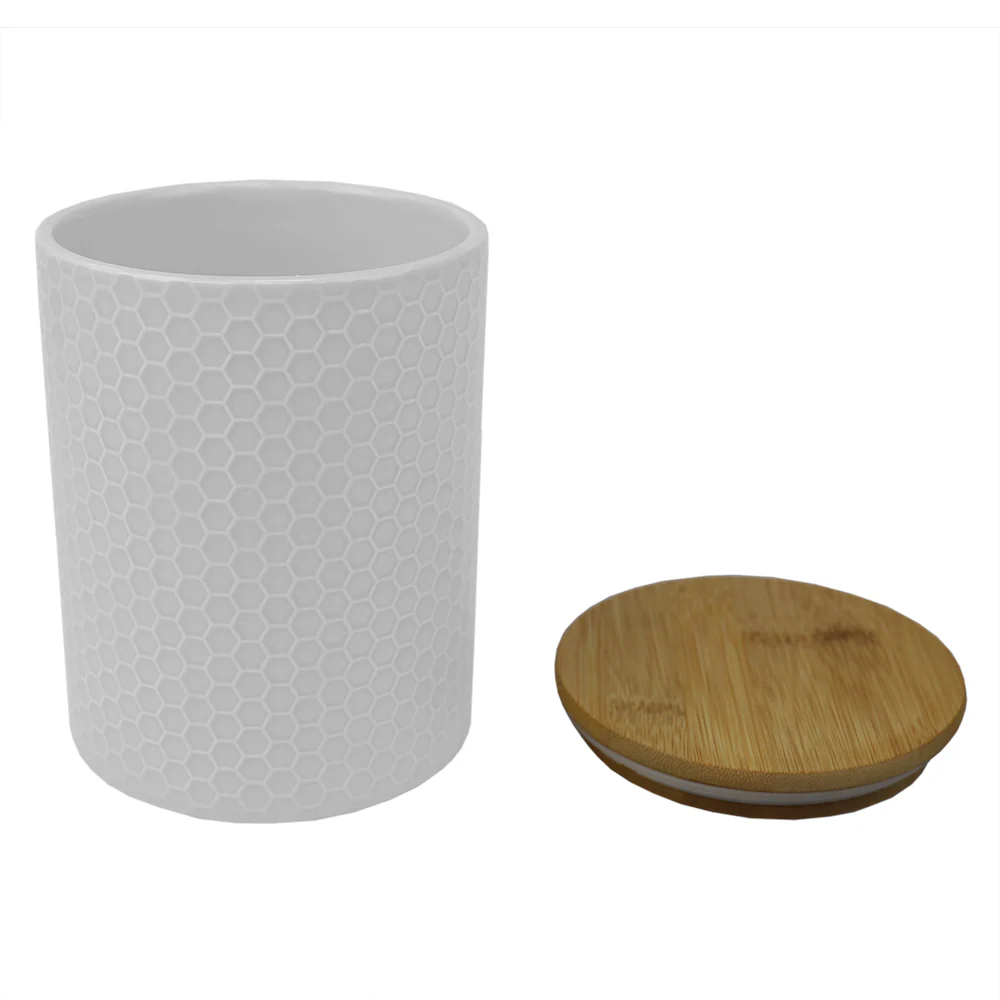 Home Basics Honeycomb Ceramic Canister With Bamboo Lid, White, Medium, 5x6.5 Inches - Image 2