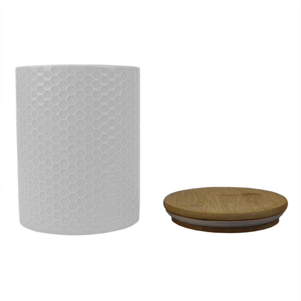 Home Basics Honeycomb Ceramic Canister With Bamboo Lid, White, Medium, 5x6.5 Inches - Image 3