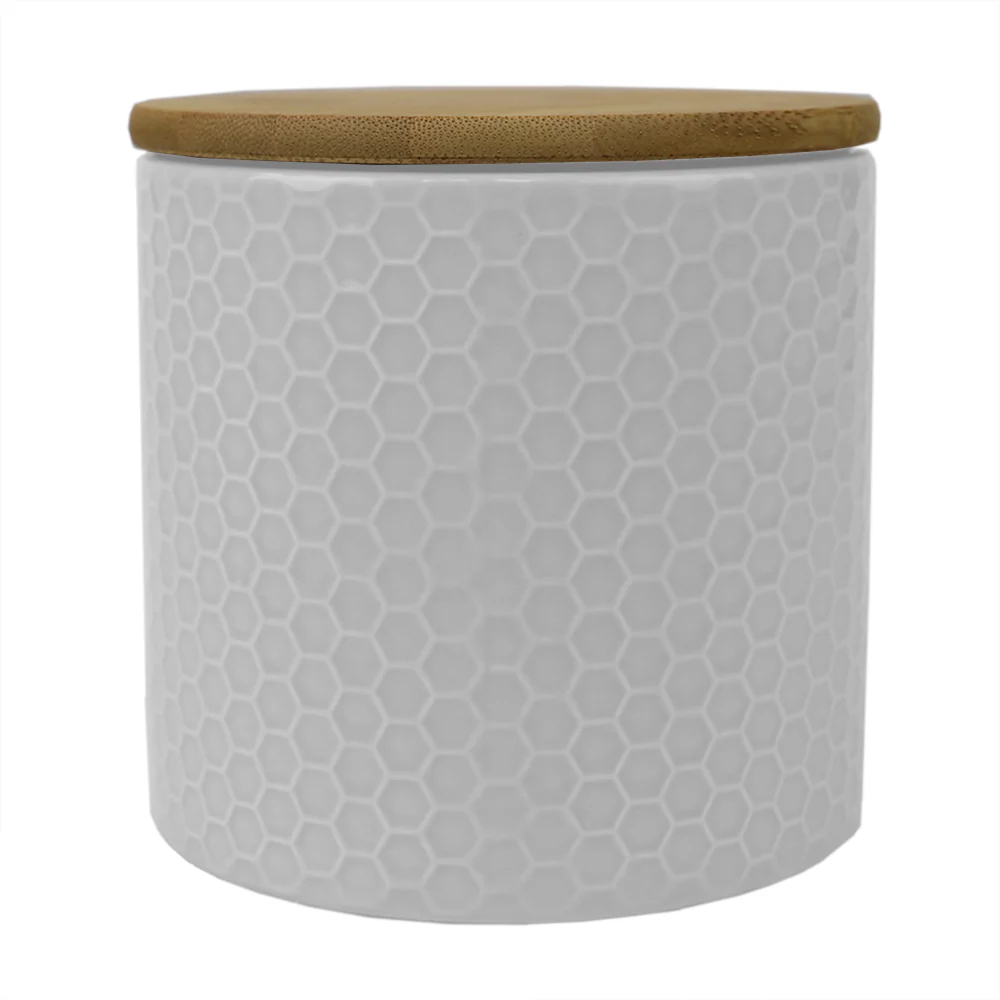 Home Basics Honeycomb Ceramic Canister With Bamboo Lid, White, Small, 5x5 Inches