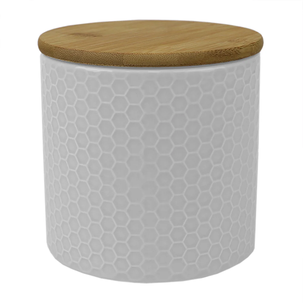 Home Basics Honeycomb Ceramic Canister With Bamboo Lid, White, Small, 5x5 Inches - Image 2