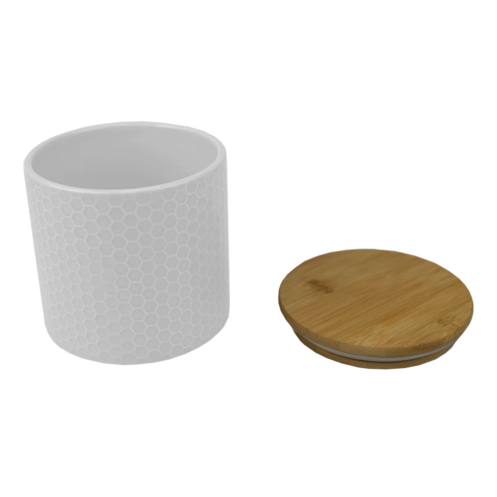 Home Basics Honeycomb Ceramic Canister With Bamboo Lid, White, Small, 5x5 Inches - Image 3