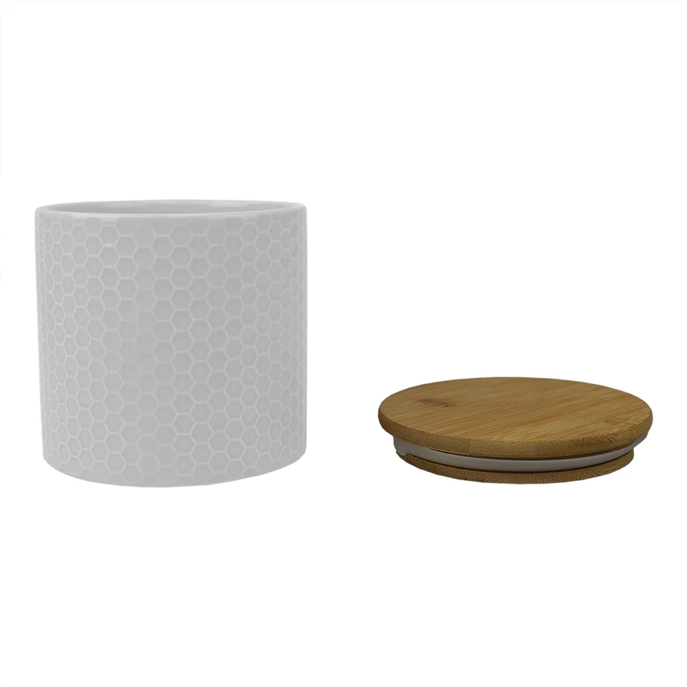 Home Basics Honeycomb Ceramic Canister With Bamboo Lid, White, Small, 5x5 Inches - Image 4