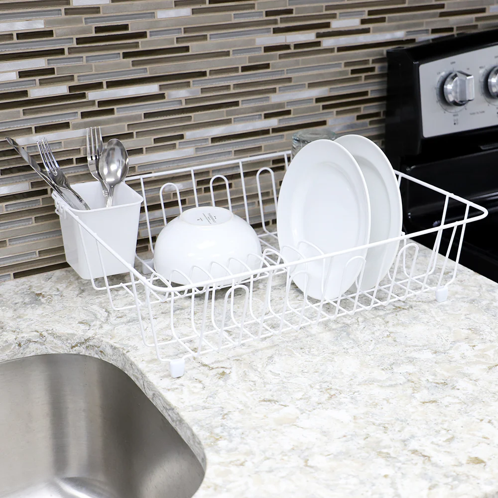 Home Basics Large Vinyl Coated Wire Dish Rack with Utensil Holder, White - Image 3