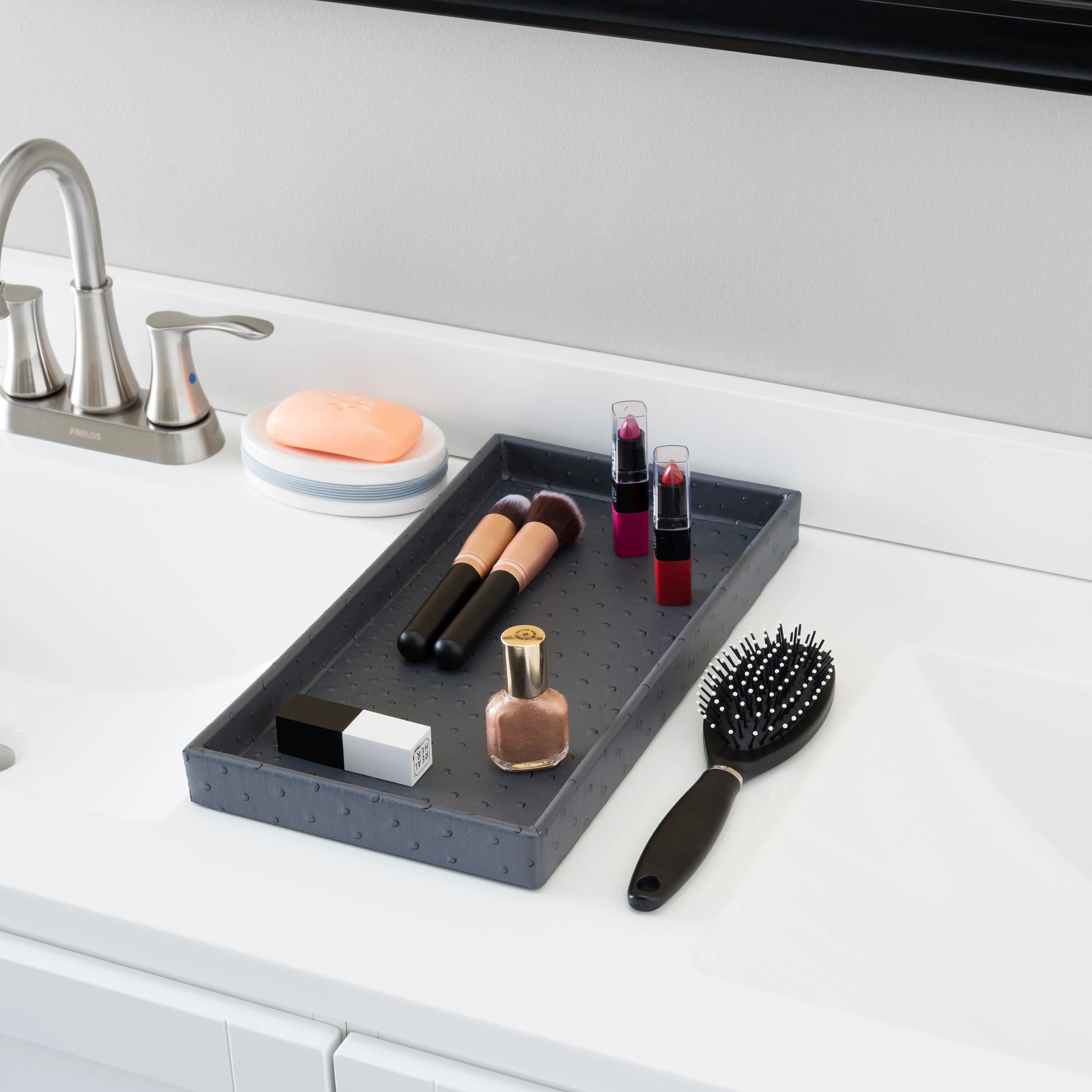 Home Basics Leather Vanity Tray, Grey - Image 2