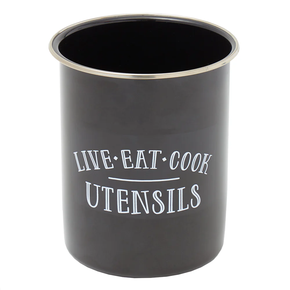 Home Basics Live Eat and Cook Metal Cutlery Holder with Steel Rim, Black, 5x6 Inches