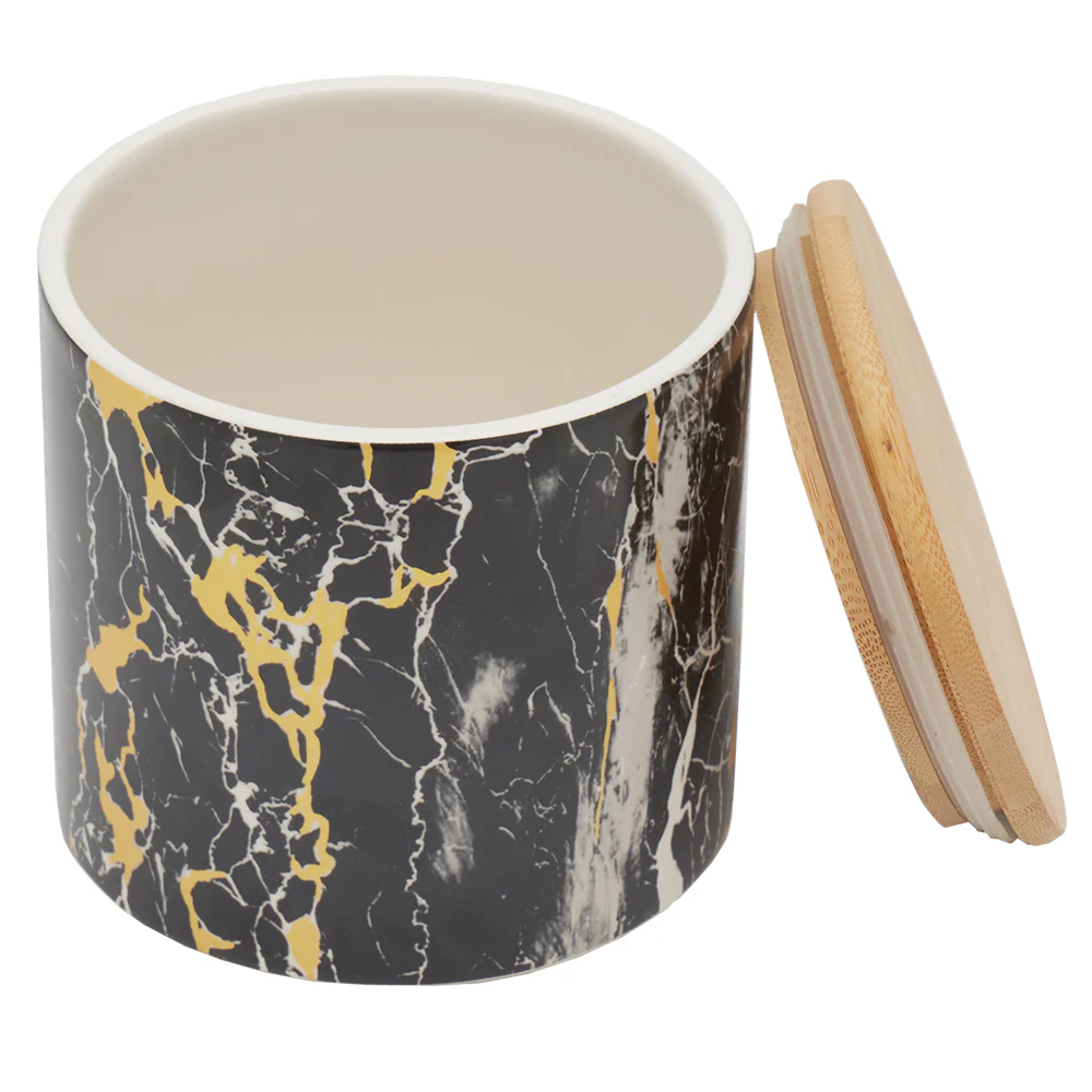 Home Basics Marble Like Small Ceramic Canister with Bamboo Top, Black - Image 2