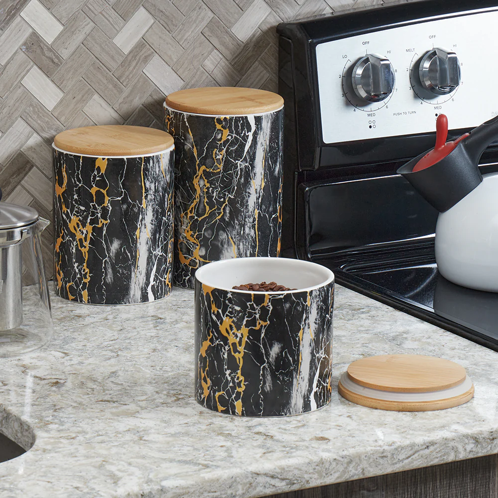 Home Basics Marble Like Small Ceramic Canister with Bamboo Top, Black - Image 4