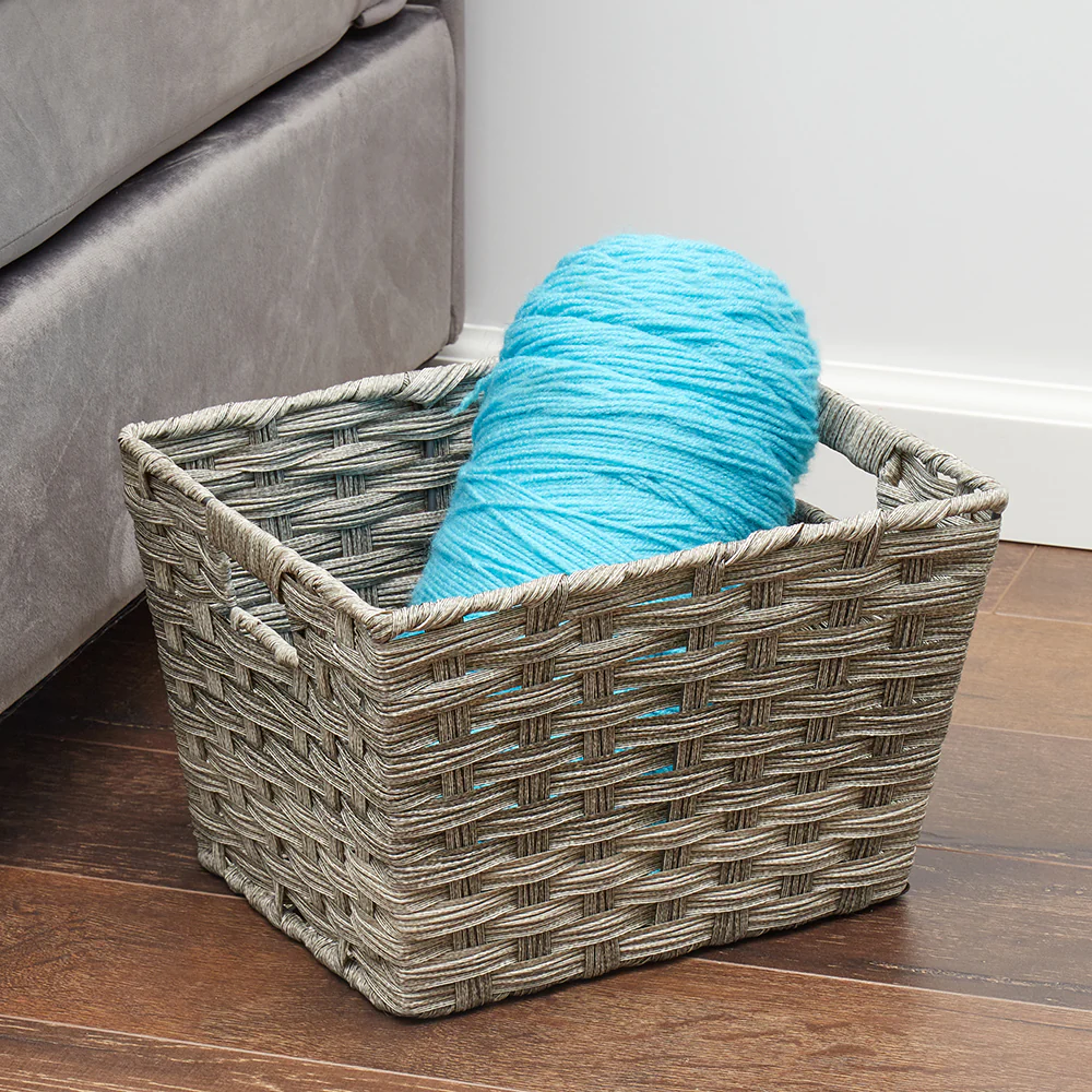 Home Basics Medium Faux Rattan Basket with Cut-out Handles, Grey - Image 4