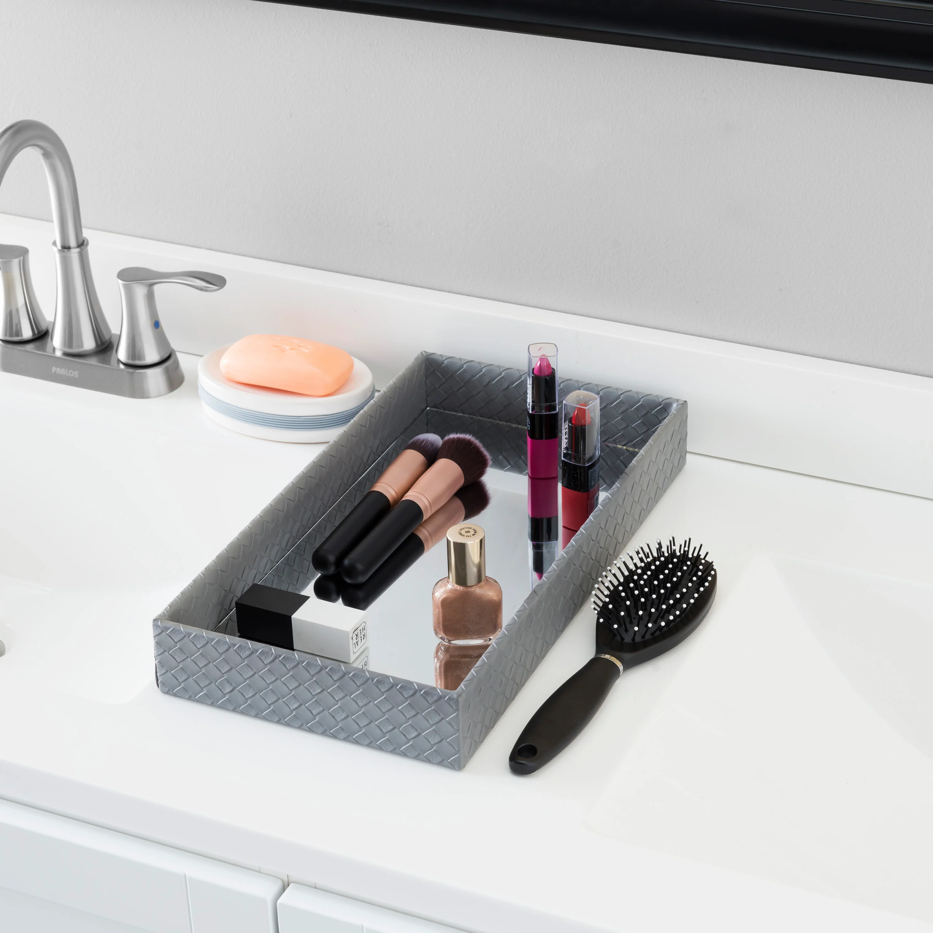 Home Basics Mirrored Leather Vanity Tray, Black - Image 4
