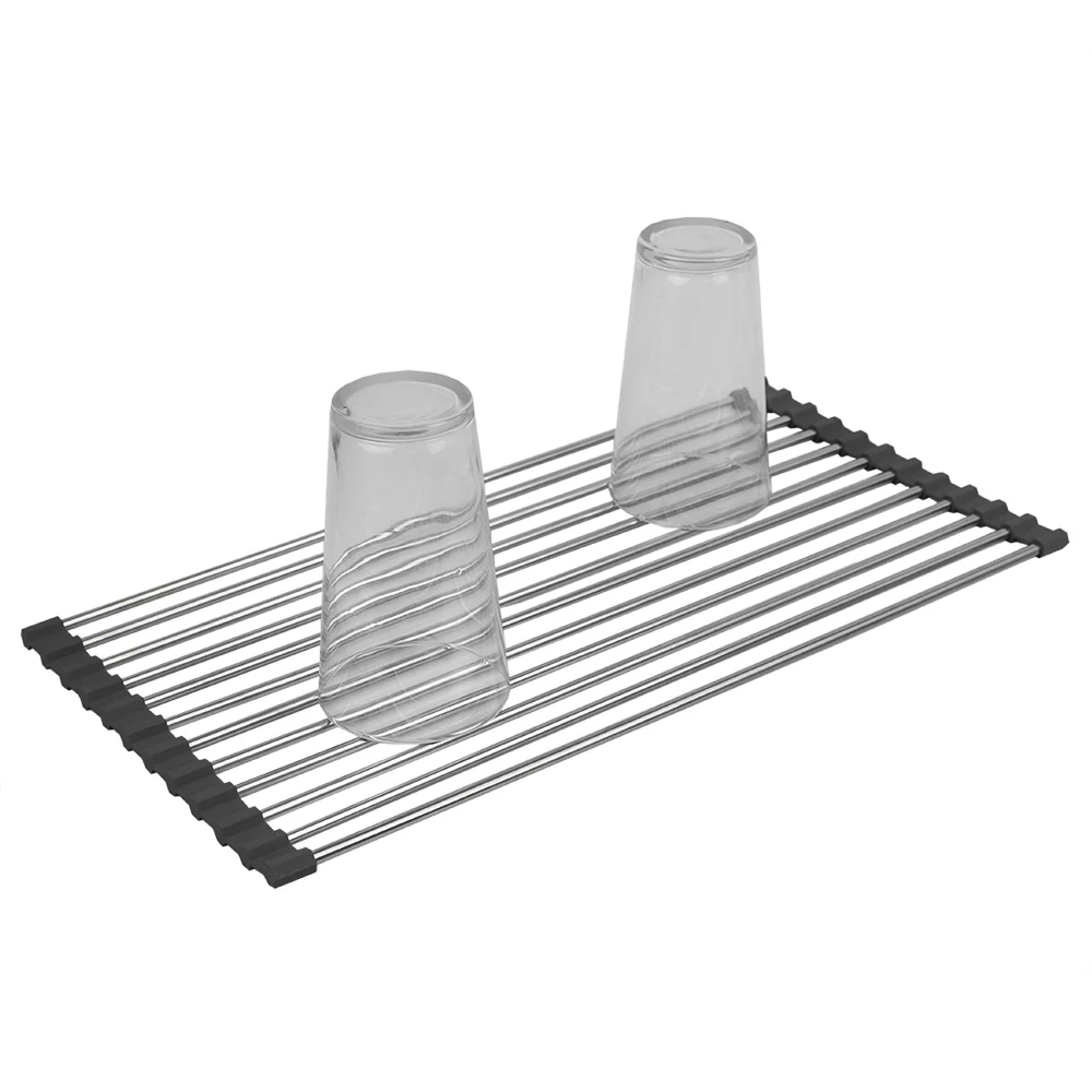 Home Basics Multi-Purpose Flexible Silicone and Stainless Steel Roll Up Dish Drying Rack, Grey